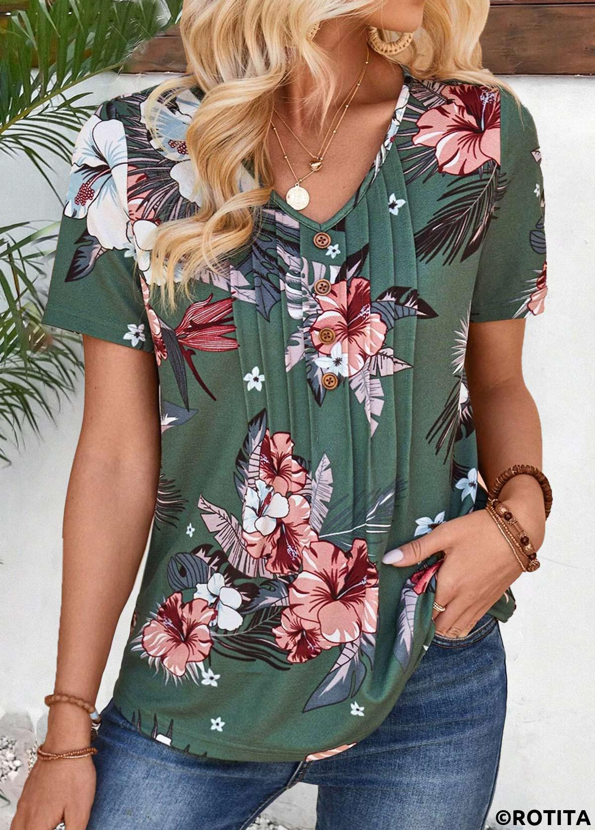 Green tops,Plants tops,Floral tops,ROTITA Tuck Stitch Random Floral Print Green T Shirt