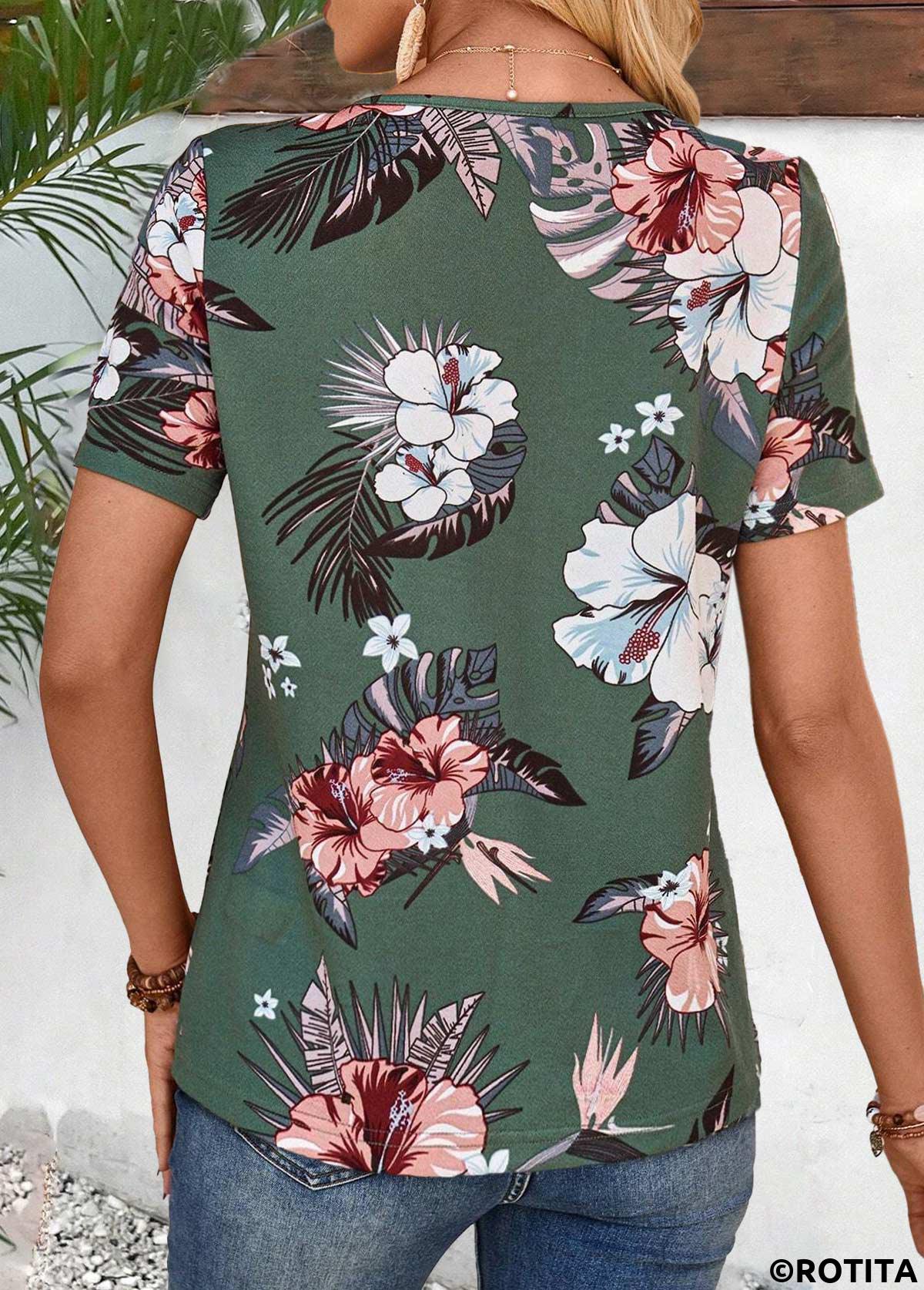 Green tops,Plants tops,Floral tops,ROTITA Tuck Stitch Random Floral Print Green T Shirt