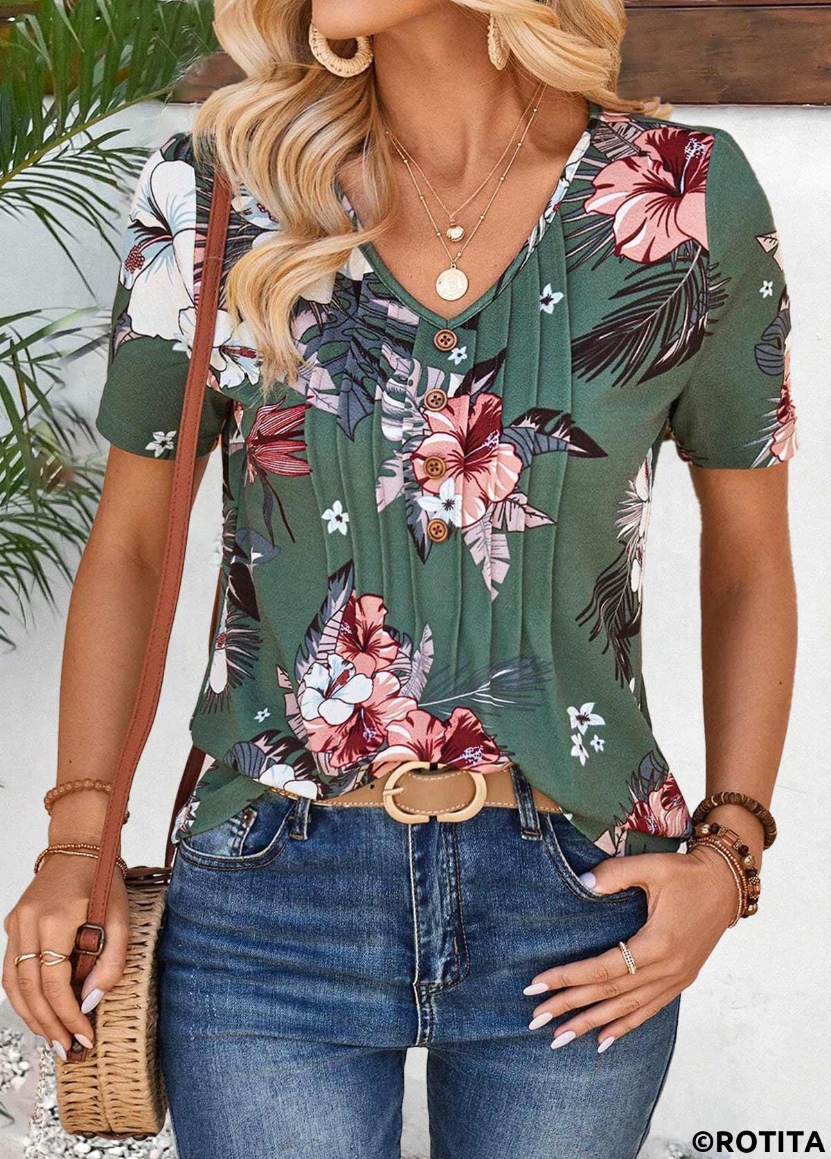 Green tops,Plants tops,Floral tops,ROTITA Tuck Stitch Random Floral Print Green T Shirt