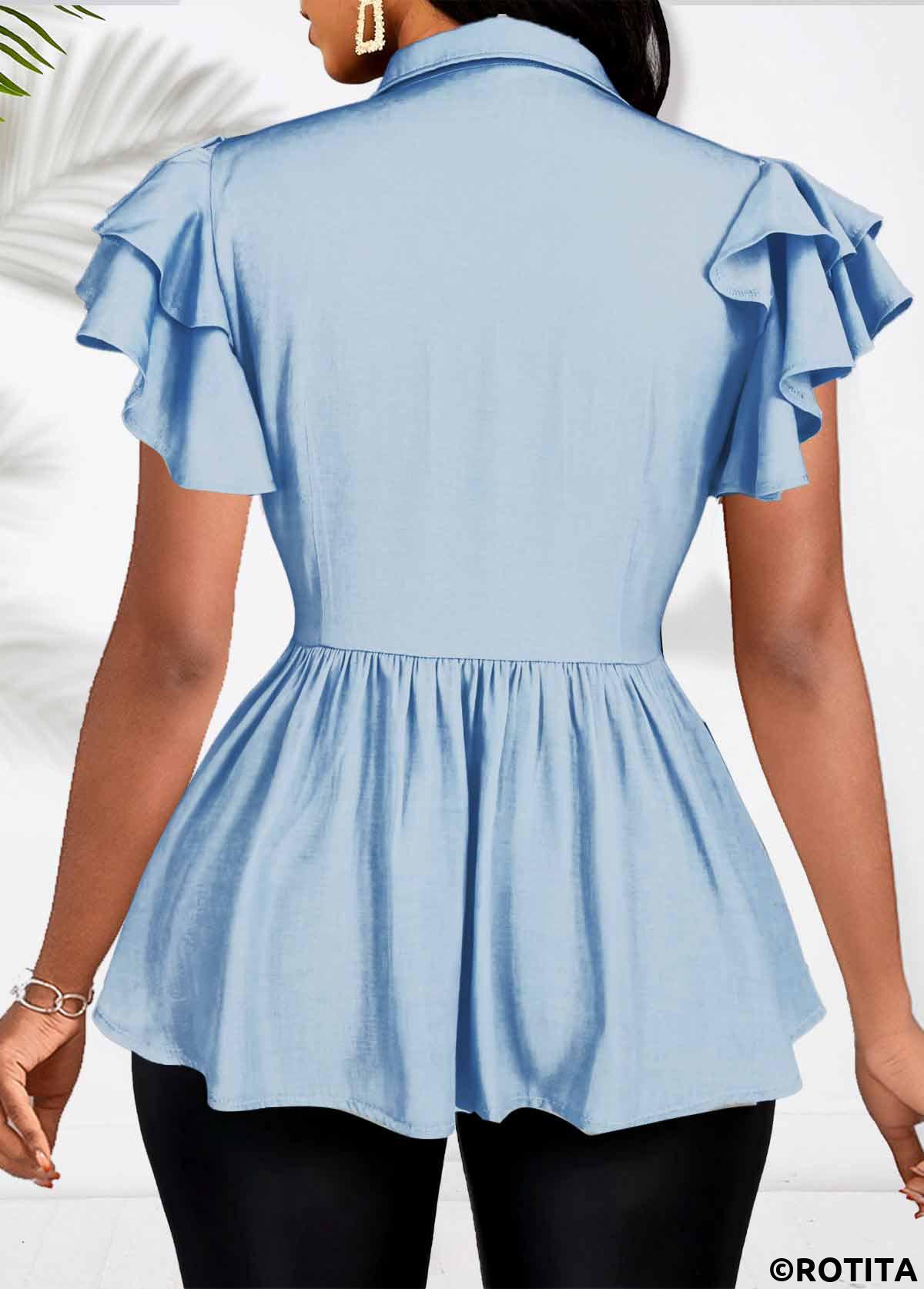 Denim Blue tops,Plain Color tops,ROTITA Button Denim Blue Shirt Collar Short Sleeve Blouse