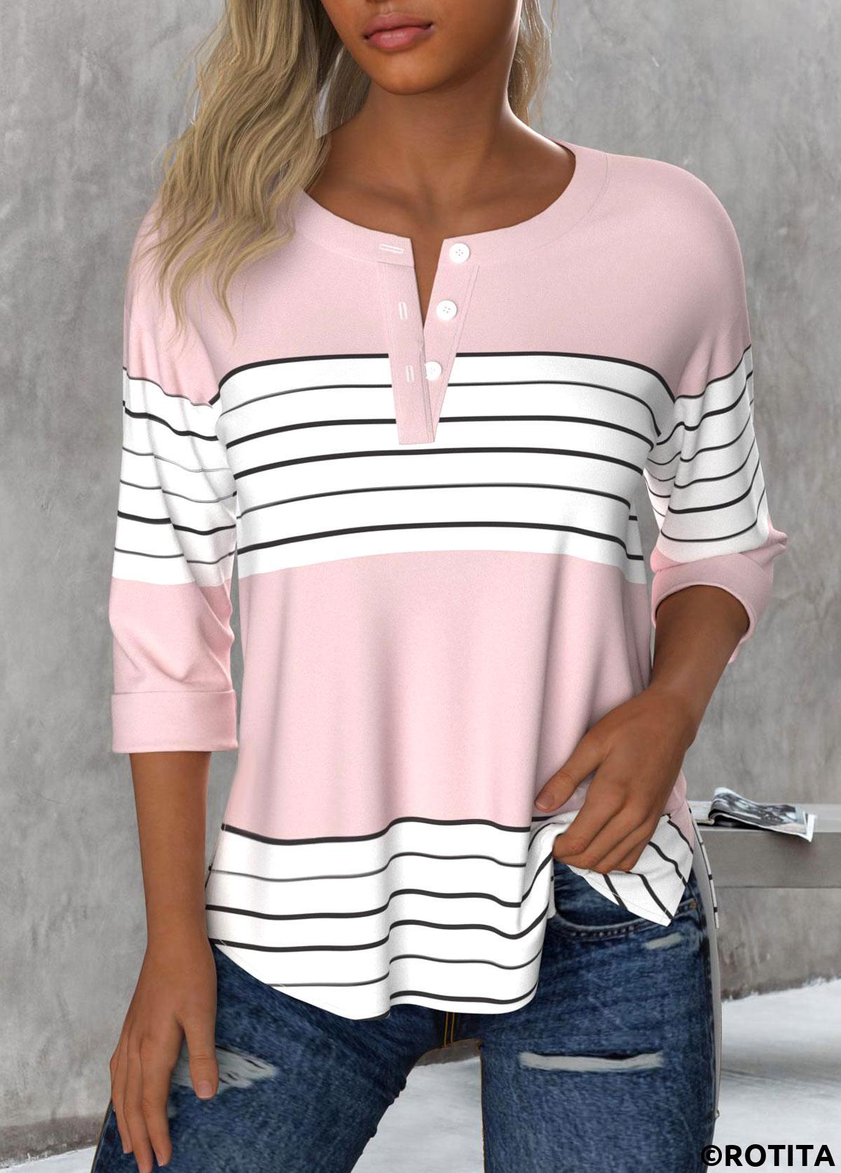 ROTITA Button Striped Light Pink Round Neck 3/4 Sleeve Blouse