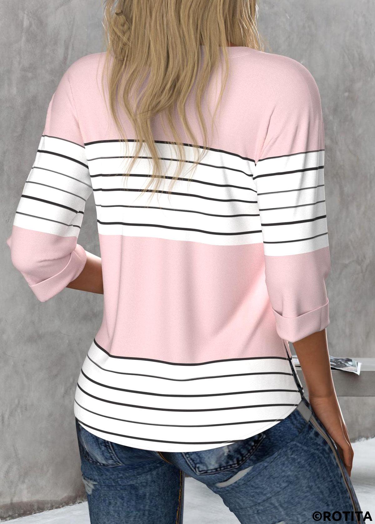 ROTITA Button Striped Light Pink Round Neck 3/4 Sleeve Blouse