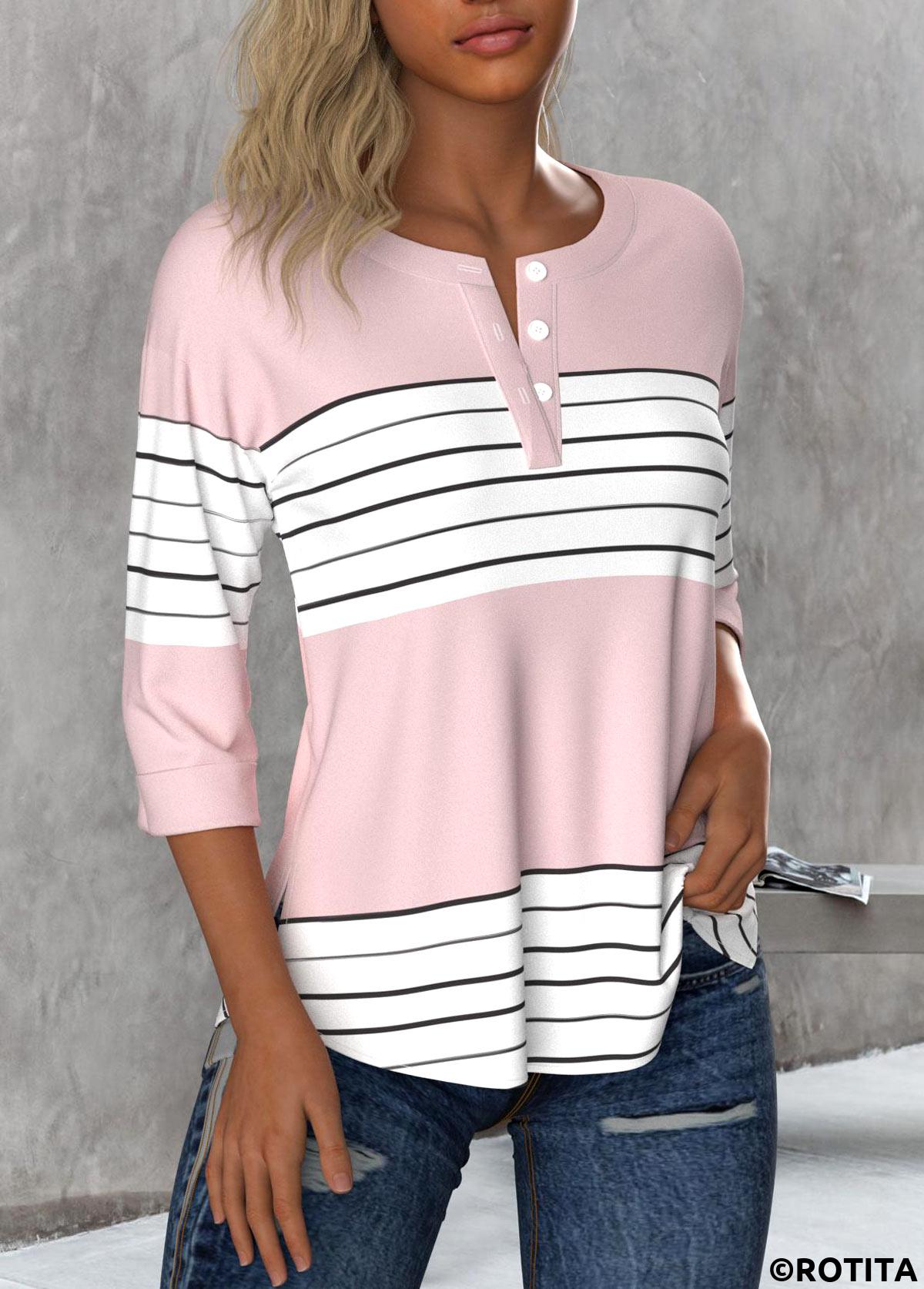 ROTITA Button Striped Light Pink Round Neck 3/4 Sleeve Blouse
