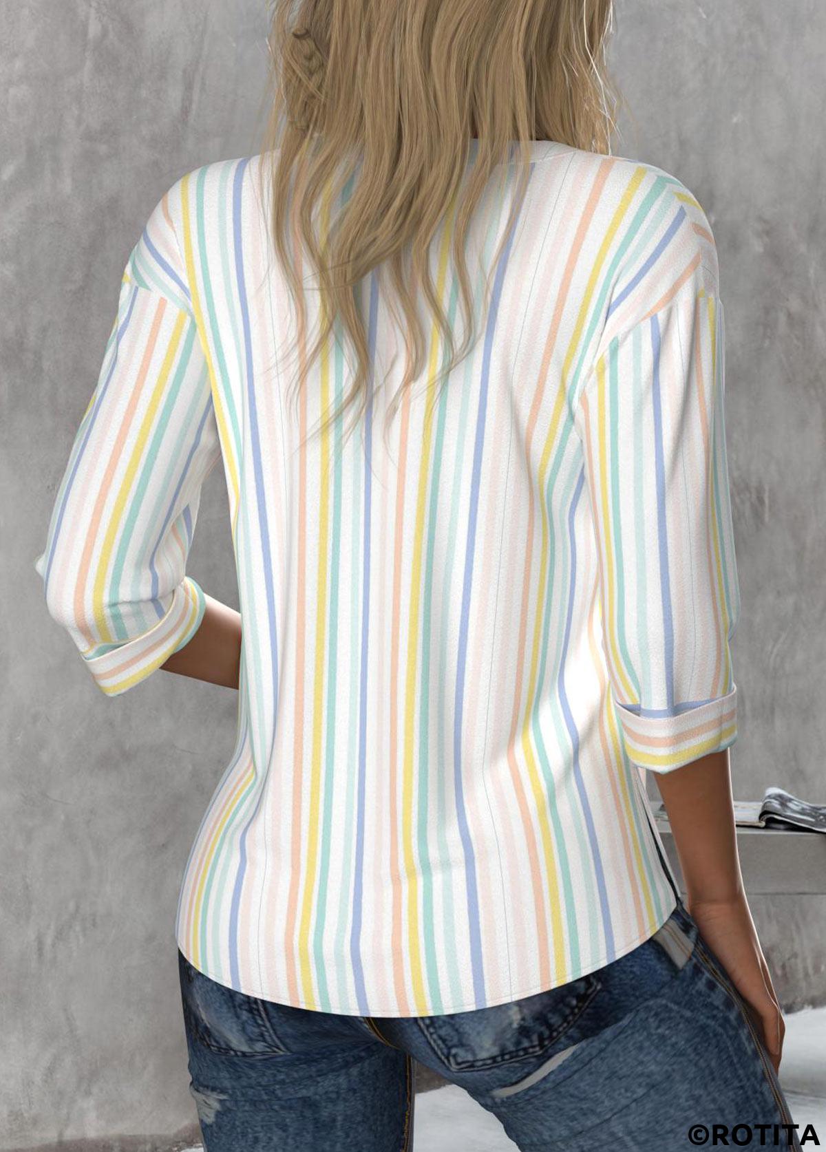 ROTITA Button Striped Multi Color Round Neck 3/4 Sleeve Blouse