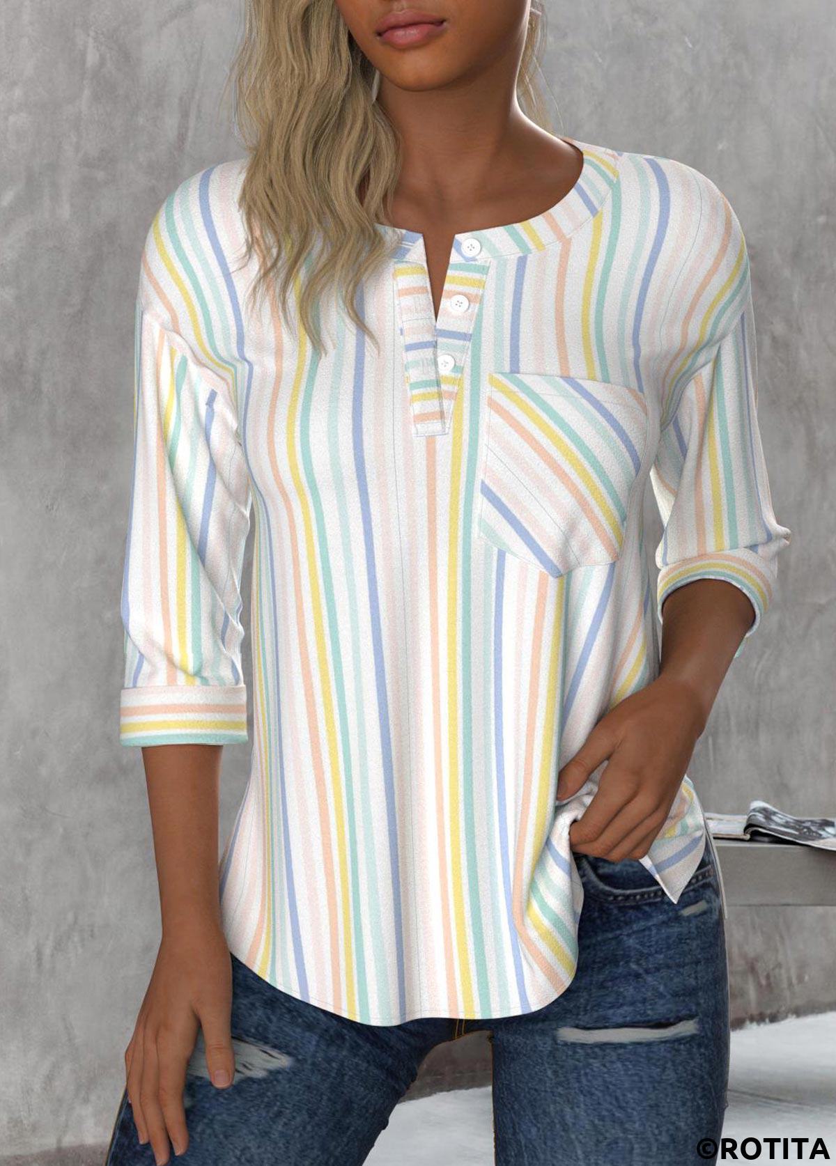 ROTITA Button Striped Multi Color Round Neck 3/4 Sleeve Blouse