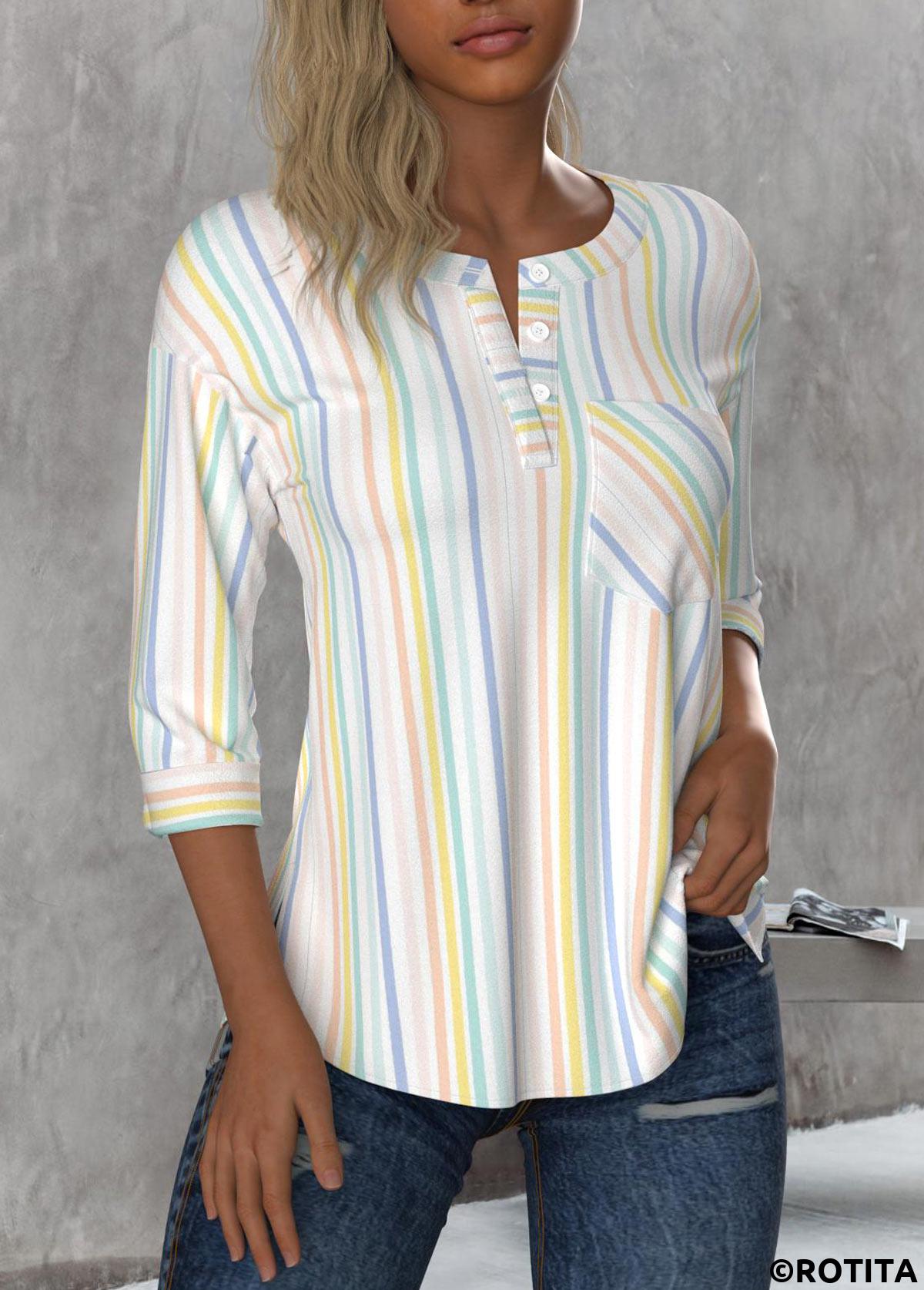 ROTITA Button Striped Multi Color Round Neck 3/4 Sleeve Blouse