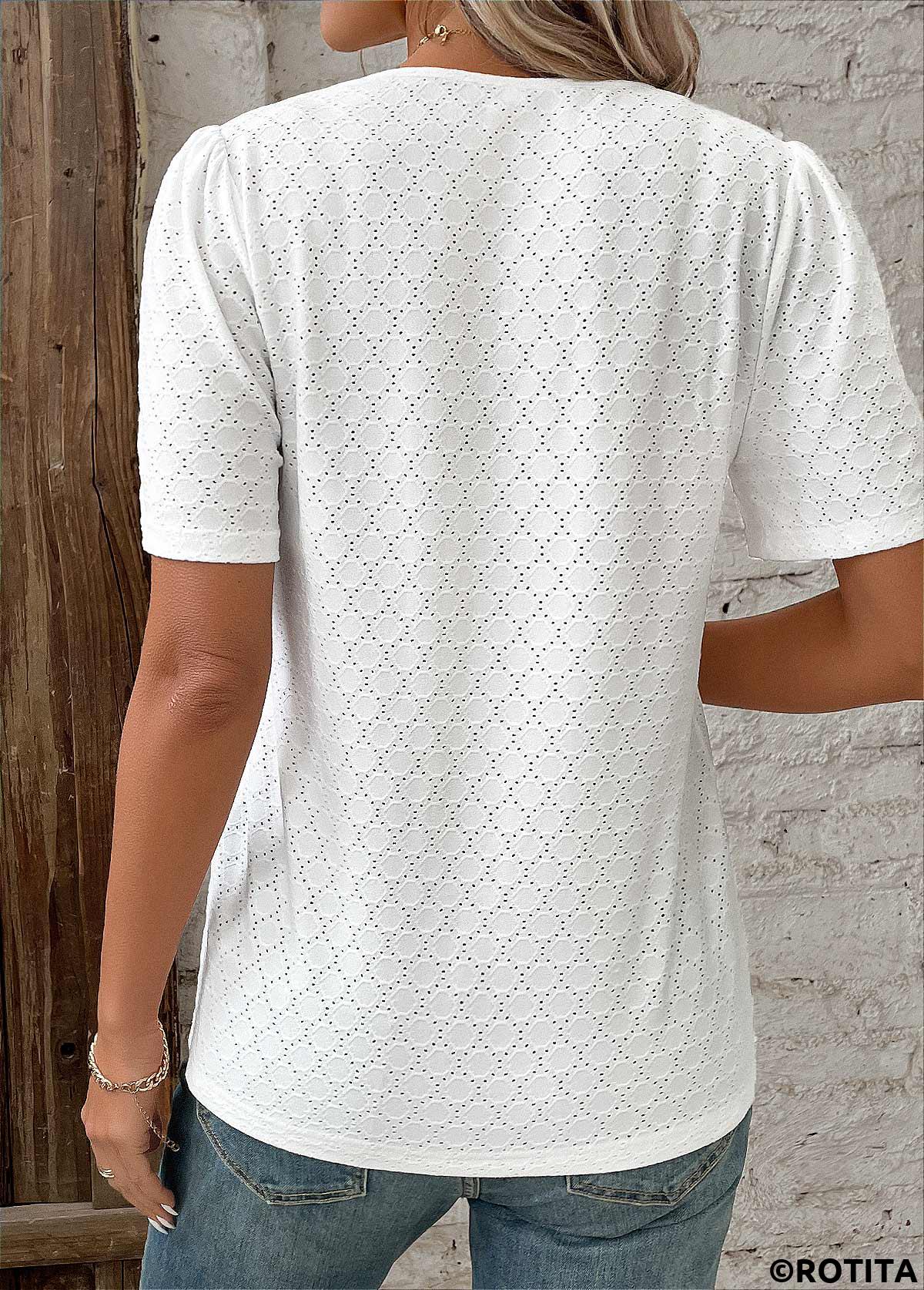 White plus size,Plain Color plus size,ROTITA Patchwork White V Neck Short Sleeve Blouse
