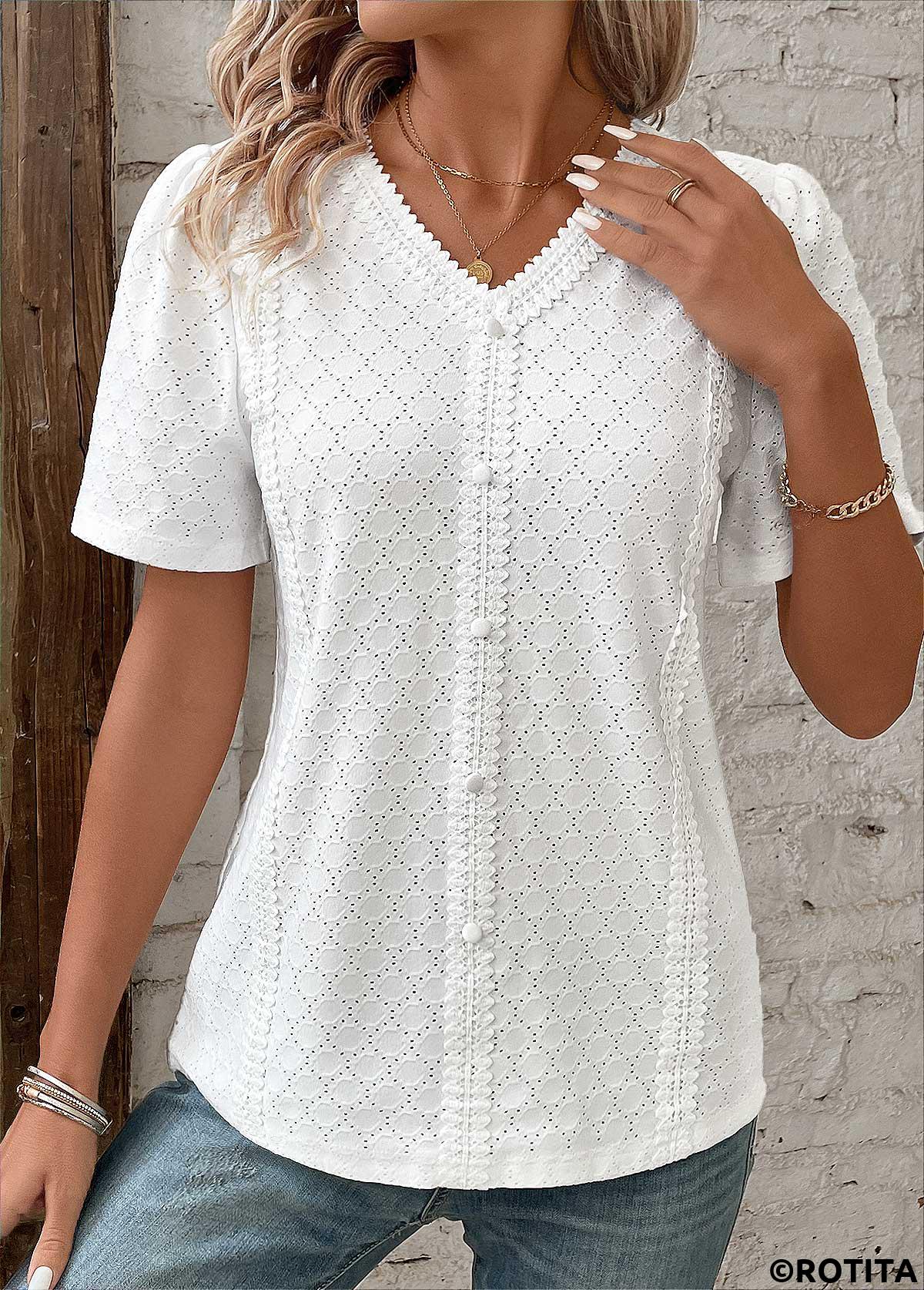 White plus size,Plain Color plus size,ROTITA Patchwork White V Neck Short Sleeve Blouse