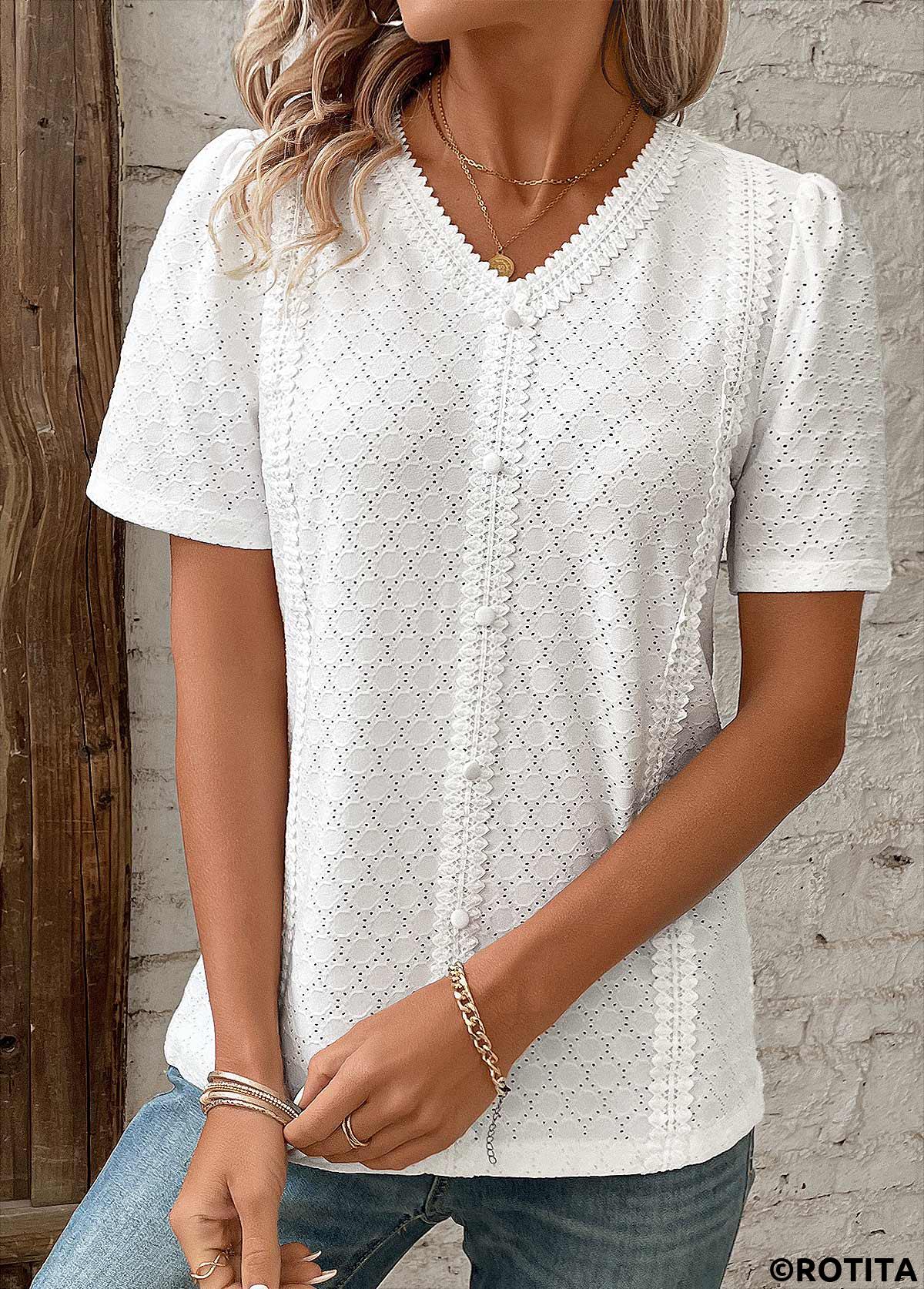 White plus size,Plain Color plus size,ROTITA Patchwork White V Neck Short Sleeve Blouse