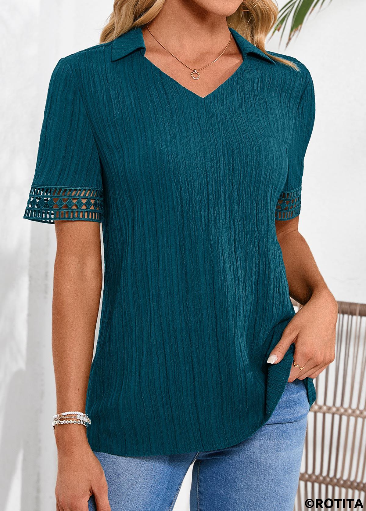Peacock Blue tops,Plain Color tops,ROTITA Lace Peacock Blue Shirt Collar Short Sleeve Blouse