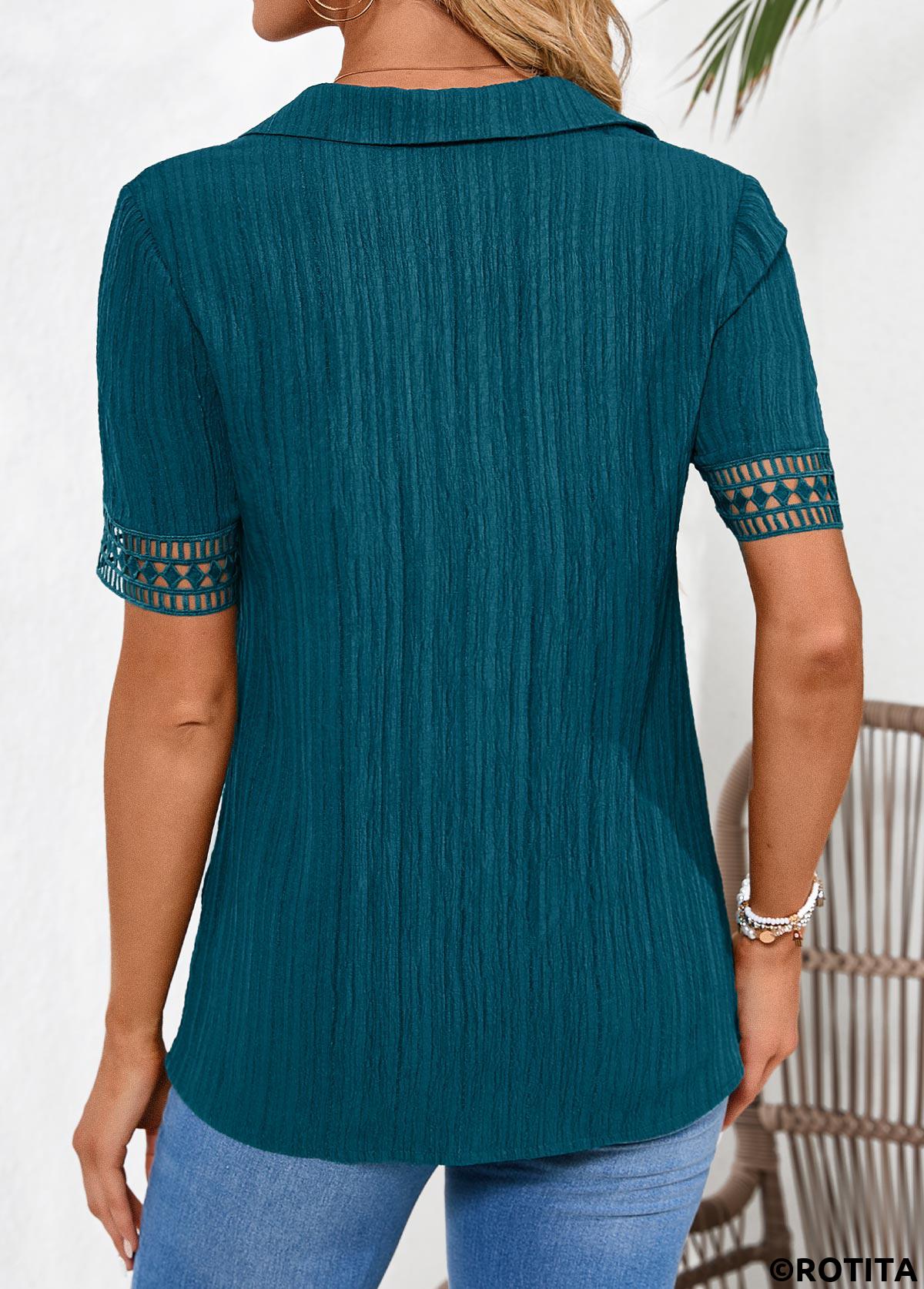 Peacock Blue tops,Plain Color tops,ROTITA Lace Peacock Blue Shirt Collar Short Sleeve Blouse