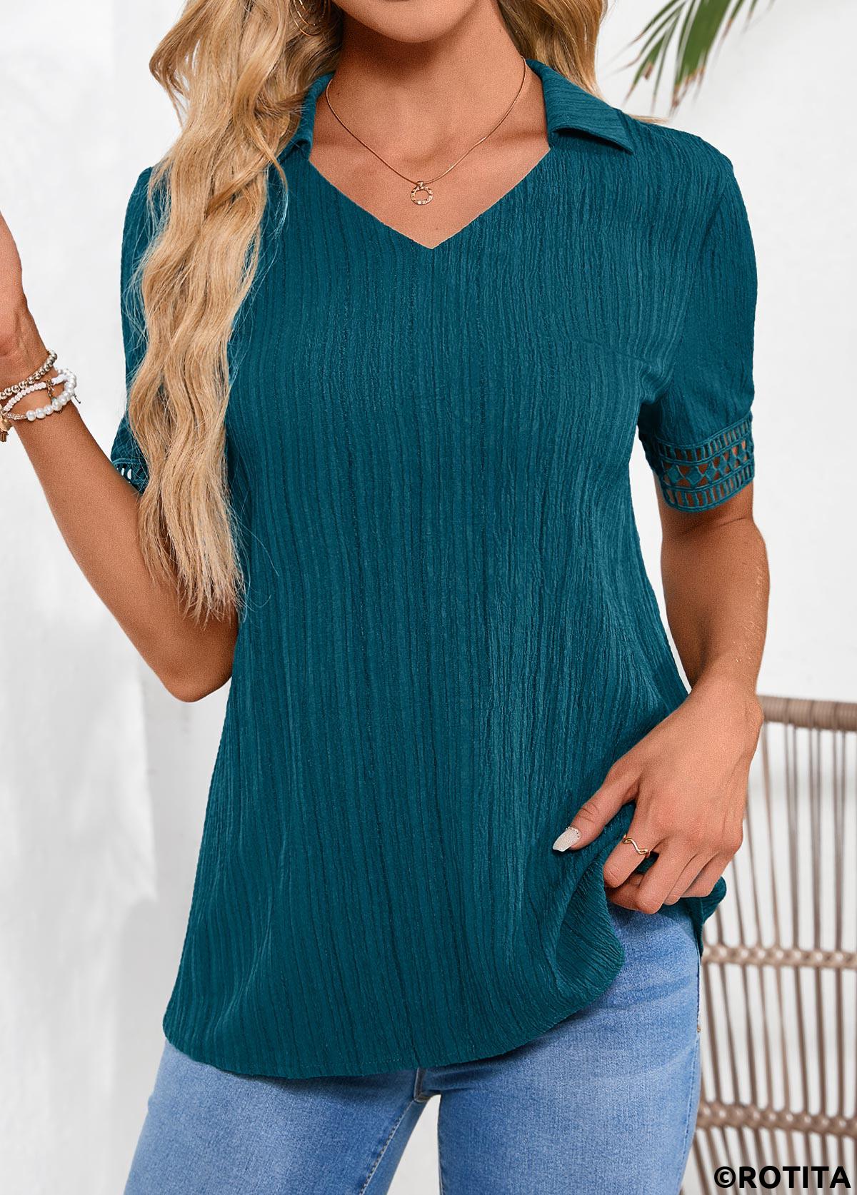 Peacock Blue tops,Plain Color tops,ROTITA Lace Peacock Blue Shirt Collar Short Sleeve Blouse