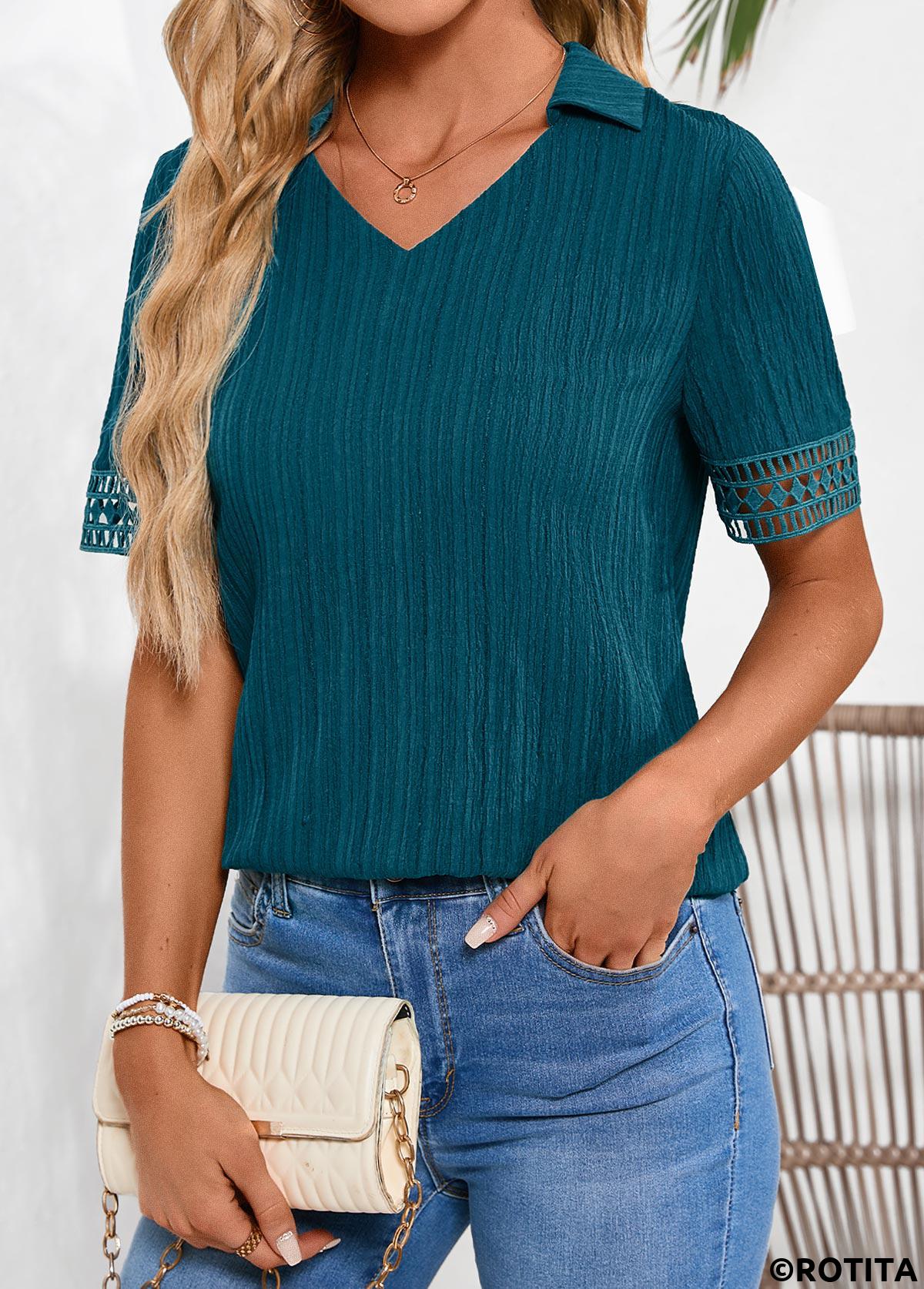 Peacock Blue tops,Plain Color tops,ROTITA Lace Peacock Blue Shirt Collar Short Sleeve Blouse