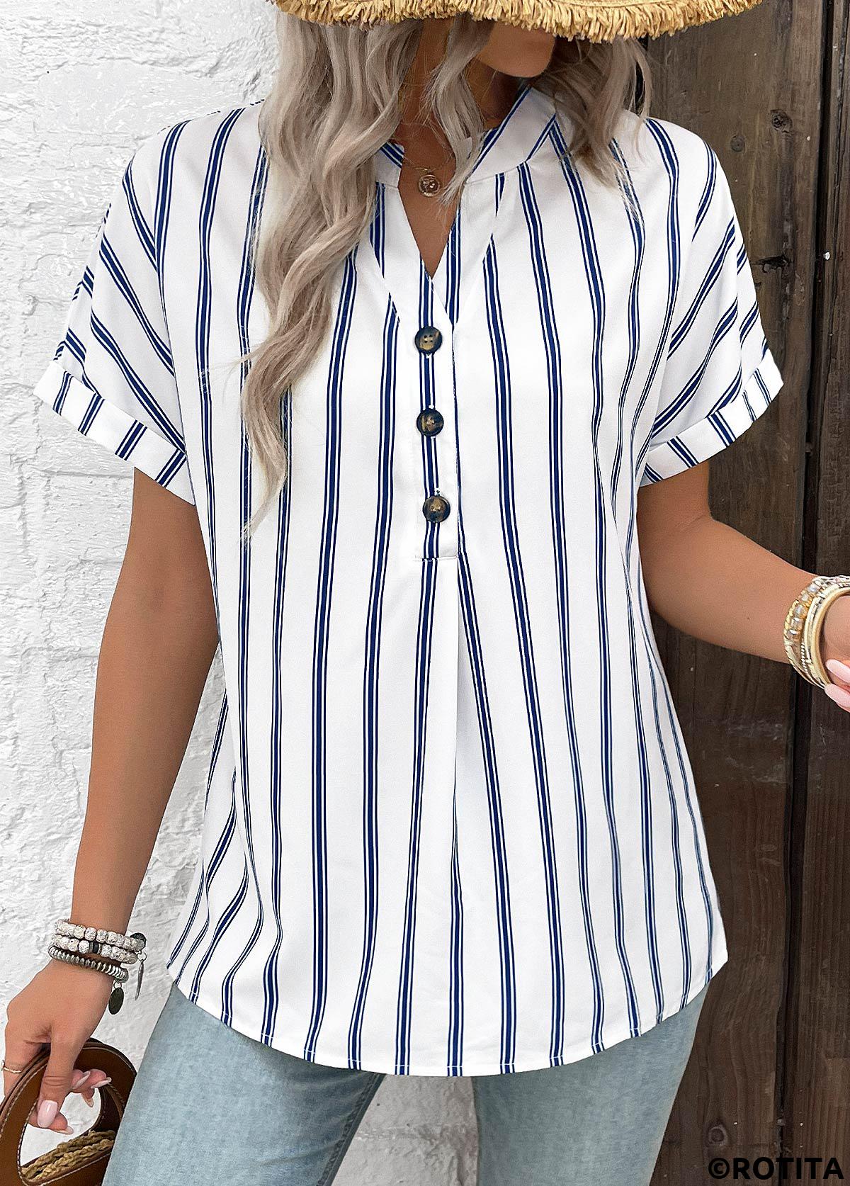White tops,Navy tops,Striped tops,Geometric tops,Button Striped White Split Neck Short Sleeve Blouse