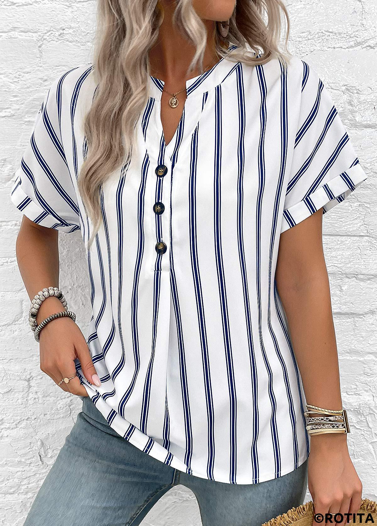 White tops,Navy tops,Striped tops,Geometric tops,Button Striped White Split Neck Short Sleeve Blouse