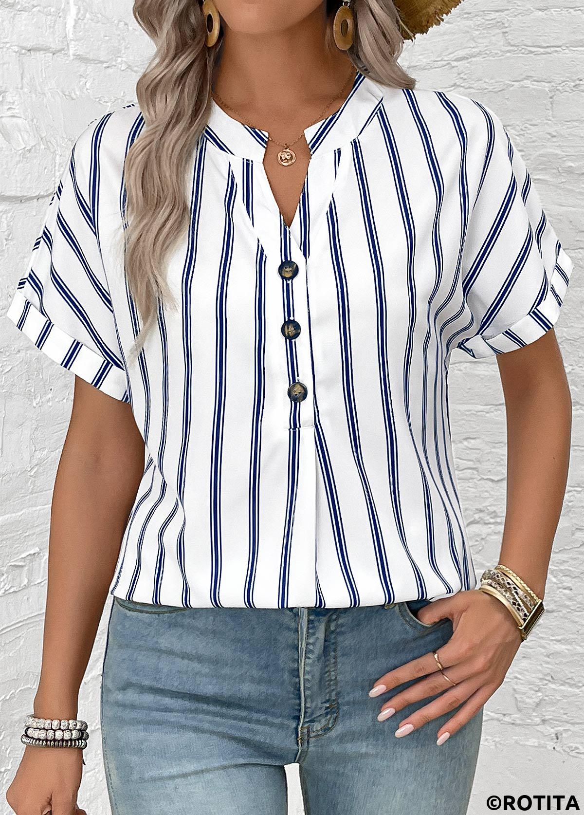 White tops,Navy tops,Striped tops,Geometric tops,Button Striped White Split Neck Short Sleeve Blouse