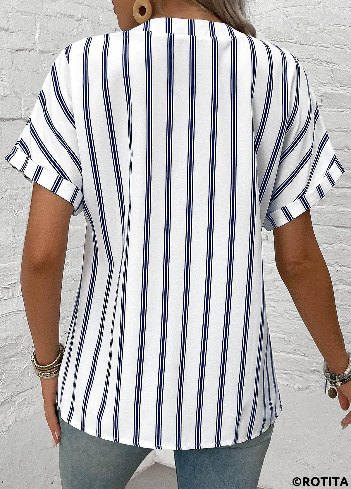 White tops,Navy tops,Striped tops,Geometric tops,Button Striped White Split Neck Short Sleeve Blouse