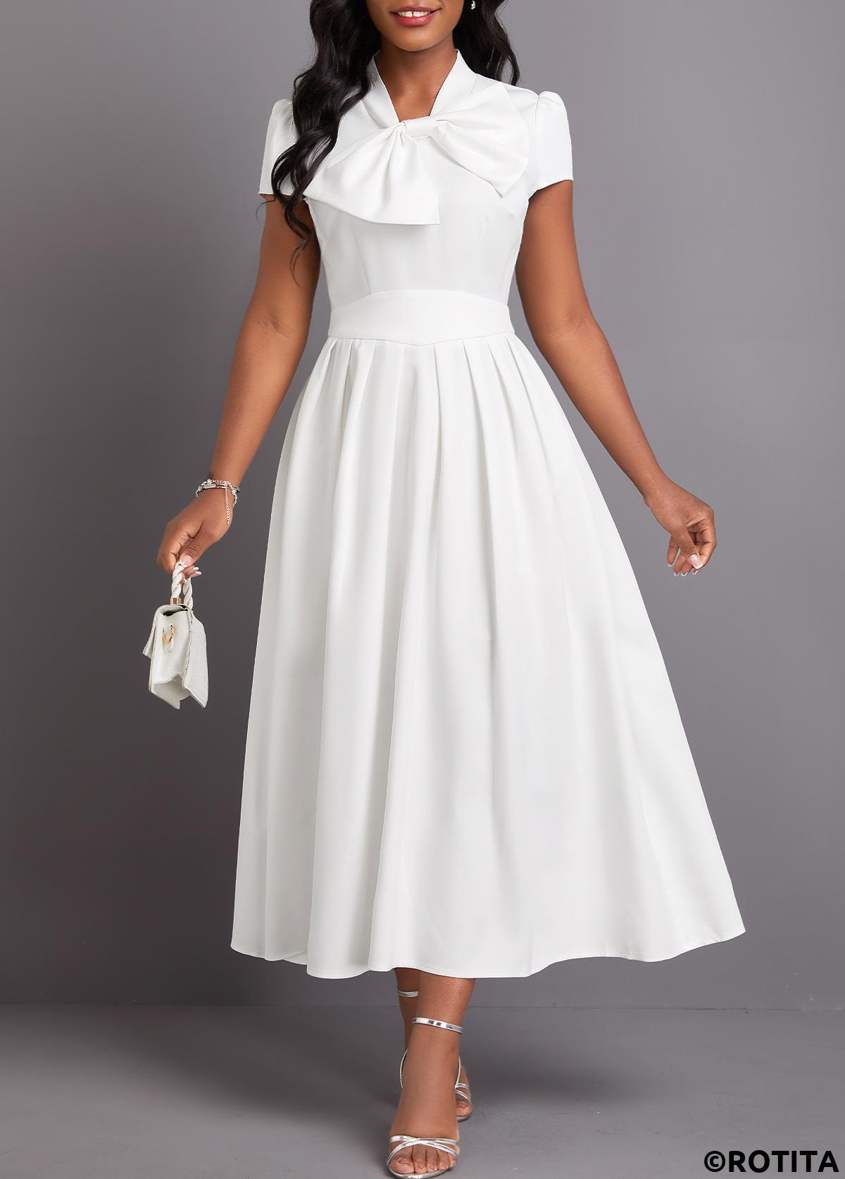 White dresses,Plain Color dresses,Party dresses,Elegant dresses,ROTITA Bowknot White Stand Collar Short Sleeve Dress