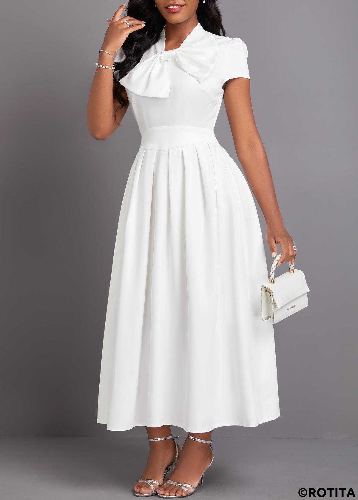White dresses,Plain Color dresses,Party dresses,Elegant dresses,ROTITA Bowknot White Stand Collar Short Sleeve Dress