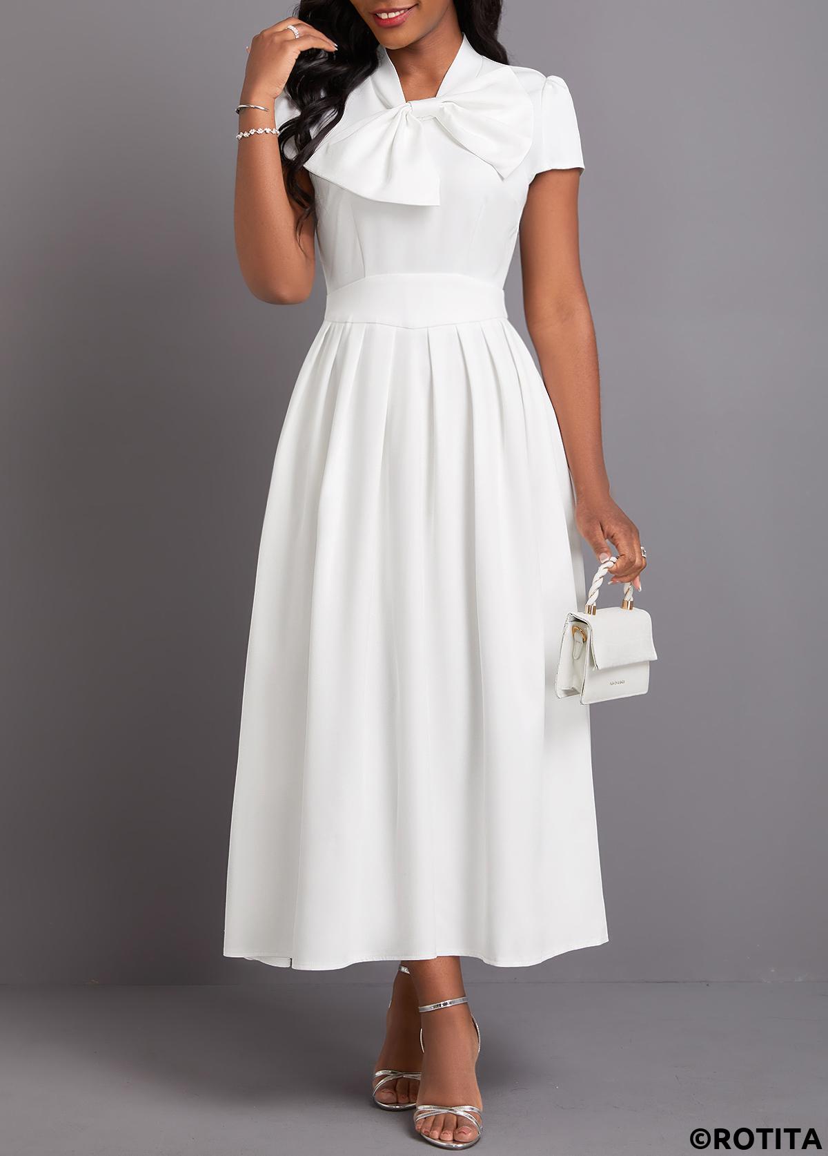 White dresses,Plain Color dresses,Party dresses,Elegant dresses,ROTITA Bowknot White Stand Collar Short Sleeve Dress