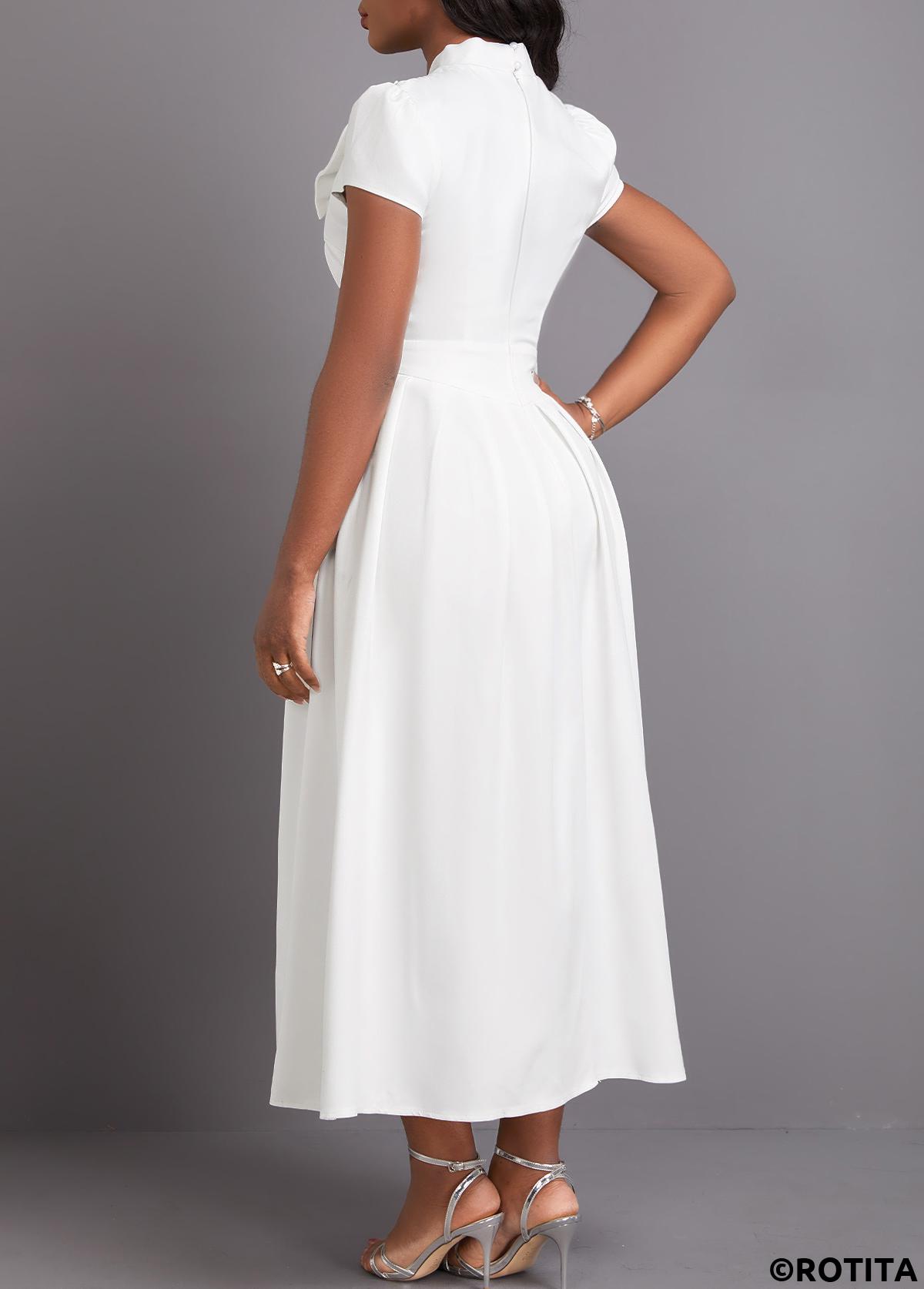 White dresses,Plain Color dresses,Party dresses,Elegant dresses,ROTITA Bowknot White Stand Collar Short Sleeve Dress