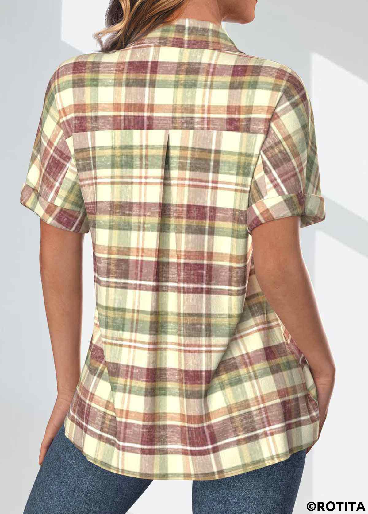 ROTITA Pocket Plaid Multi Color Shirt Collar Short Sleeve Blouse