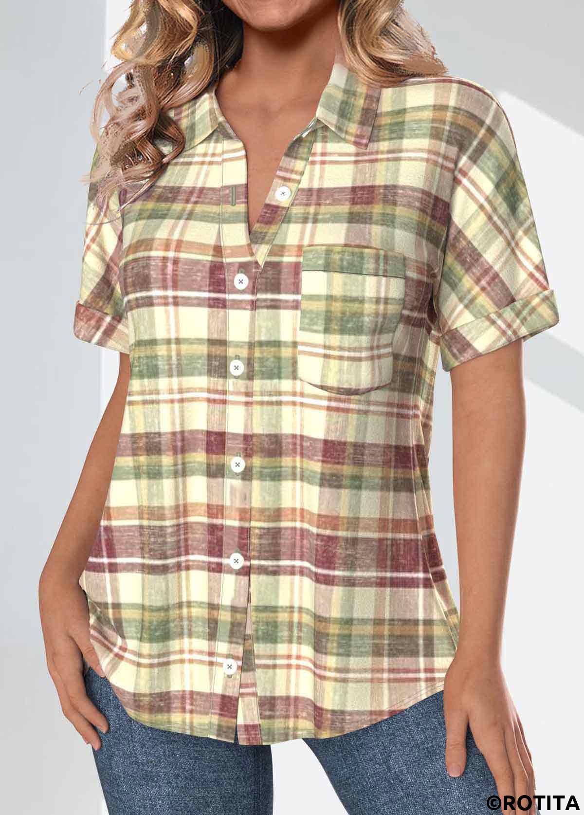 ROTITA Pocket Plaid Multi Color Shirt Collar Short Sleeve Blouse