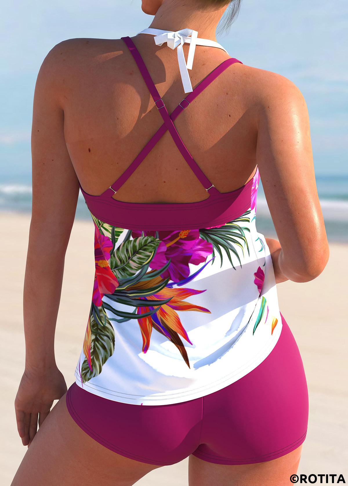 Hot Pink swimwear,White swimwear,Floral swimwear,Plants swimwear,ROTITA Criss Cross Hot Pink Floral Print Tankini Set