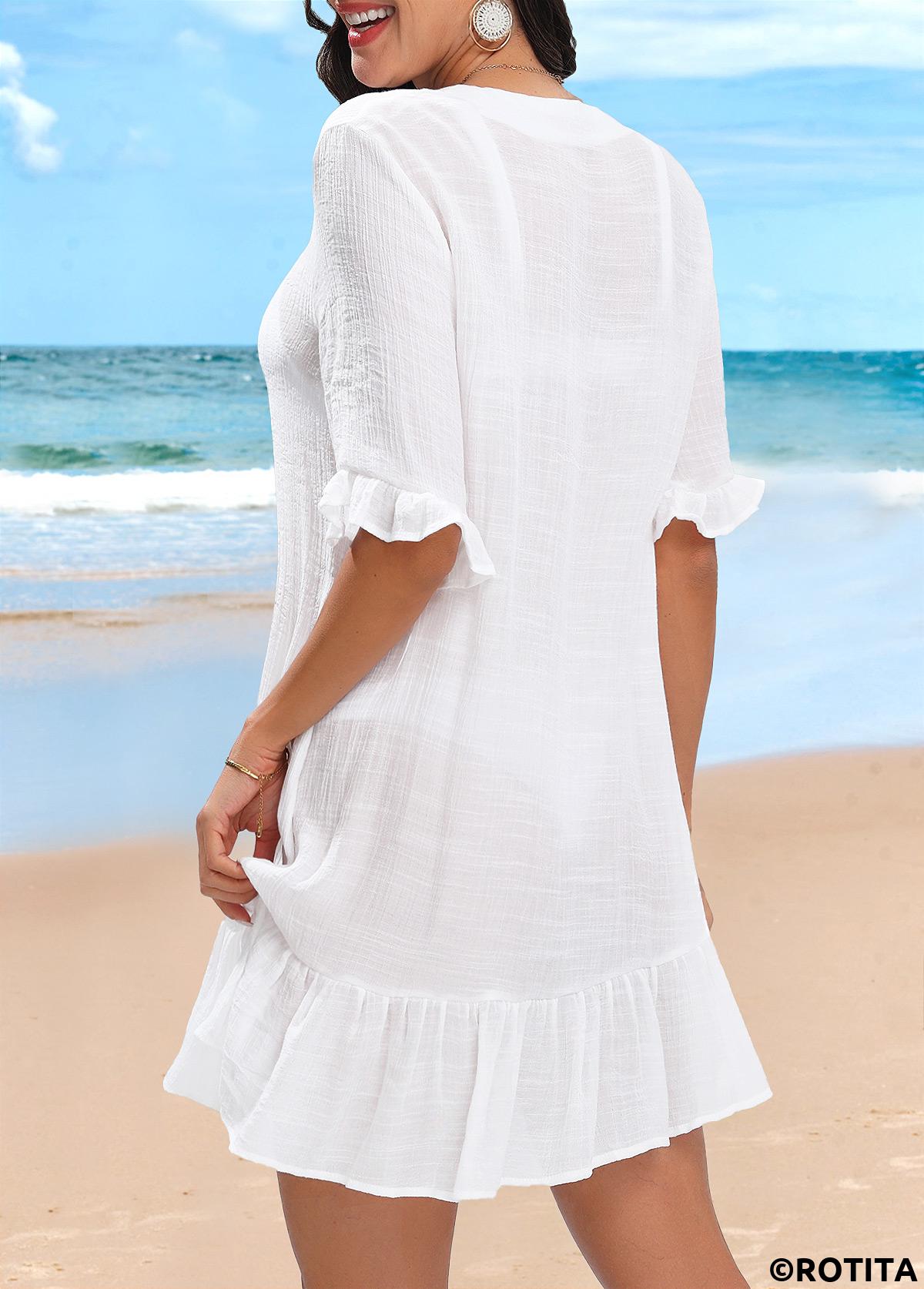 White swimwear,Plain Color swimwear,Lightweight Button Up White Cover Up