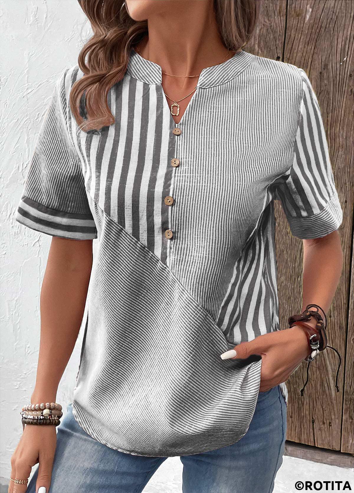Grey tops,Striped tops,Geometric tops,Patchwork Striped Grey Split Neck Short Sleeve Blouse