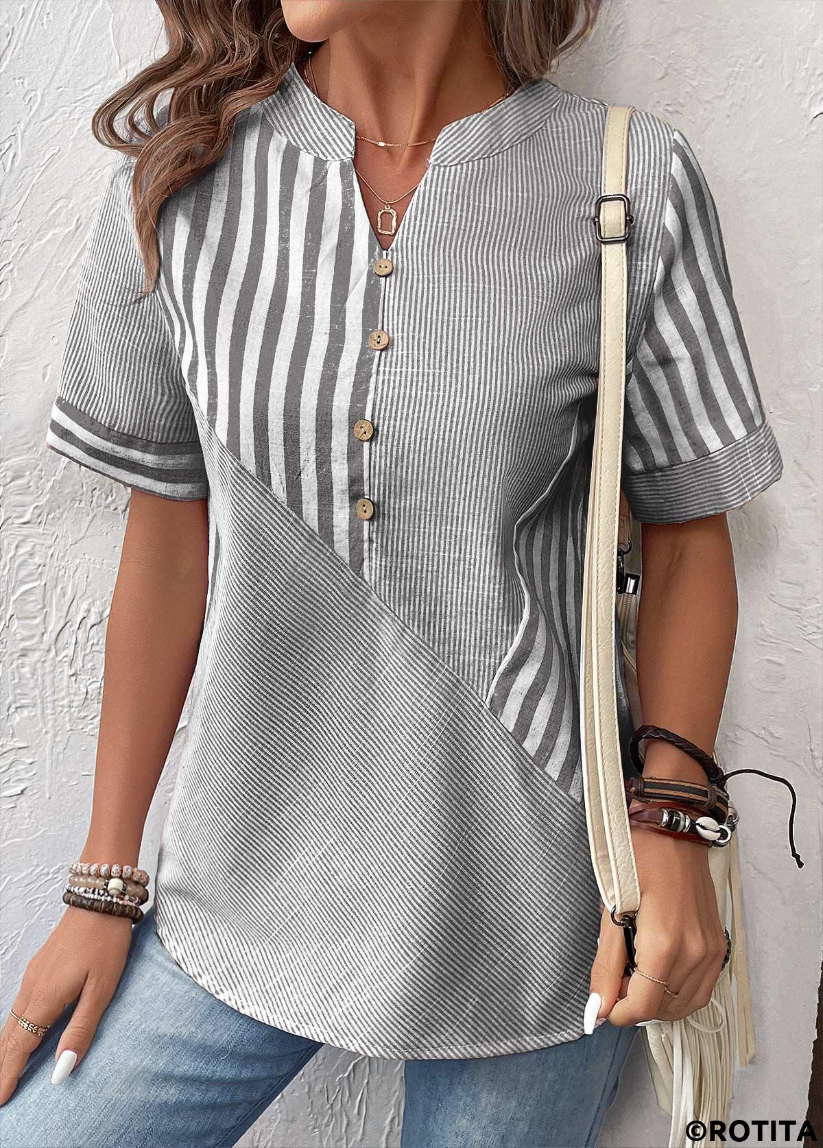 Grey tops,Striped tops,Geometric tops,Patchwork Striped Grey Split Neck Short Sleeve Blouse