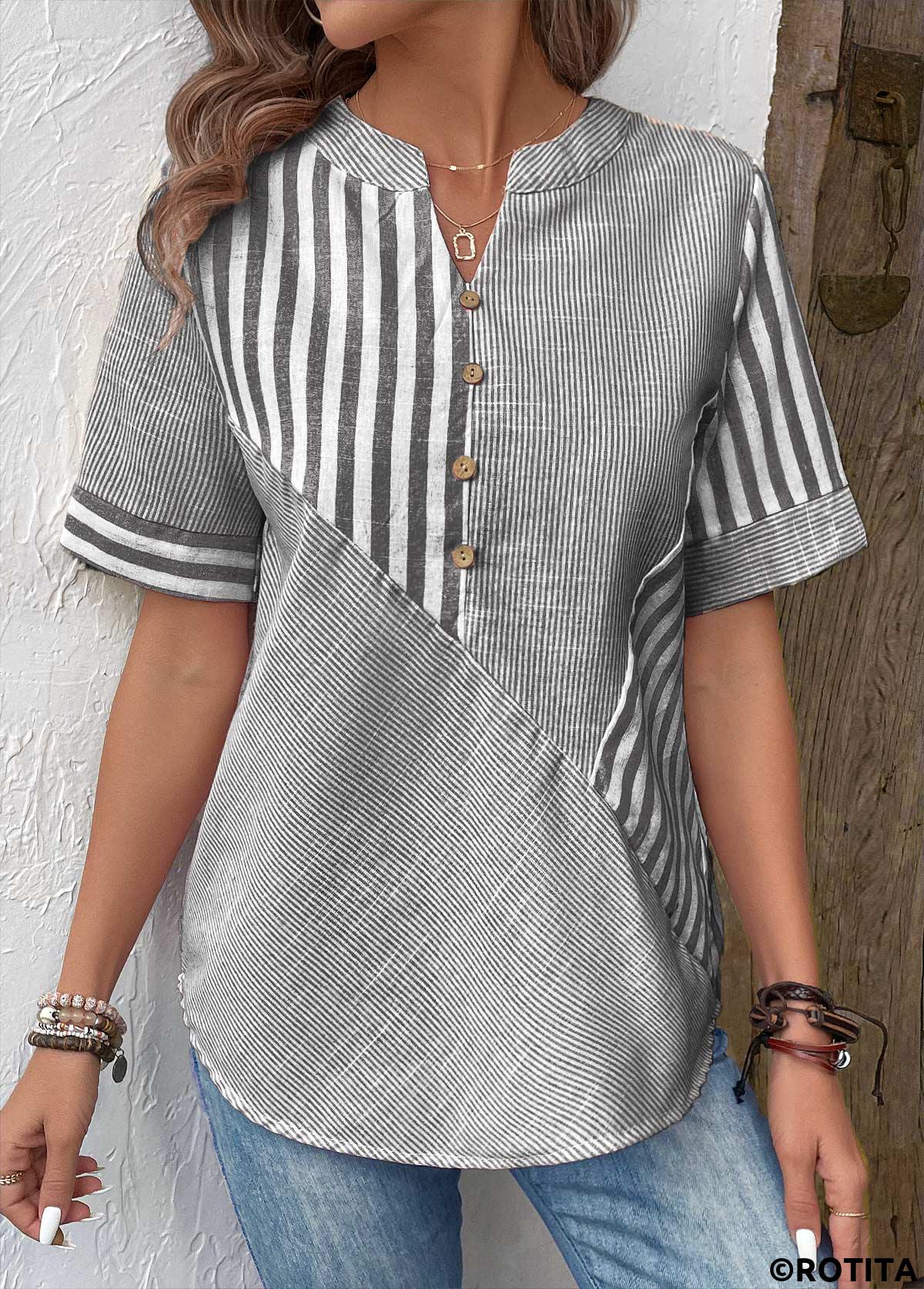Grey tops,Striped tops,Geometric tops,Patchwork Striped Grey Split Neck Short Sleeve Blouse