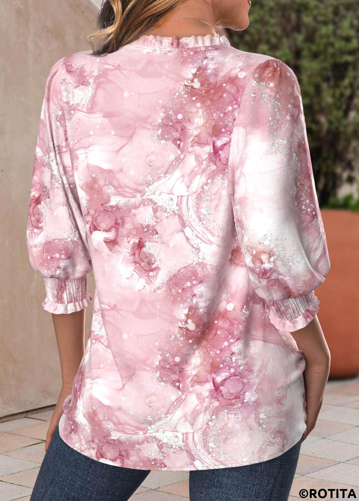 ROTITA Frill Marble Print Light Pink Split Neck Blouse