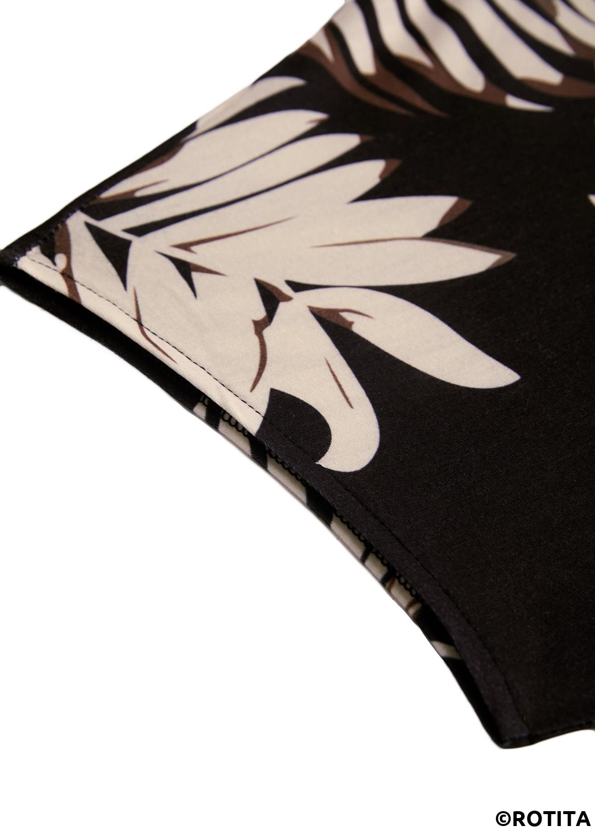 Black plus size,Plants plus size,Plus Size Tummy Coverage Black Tropical Plants Print Dress