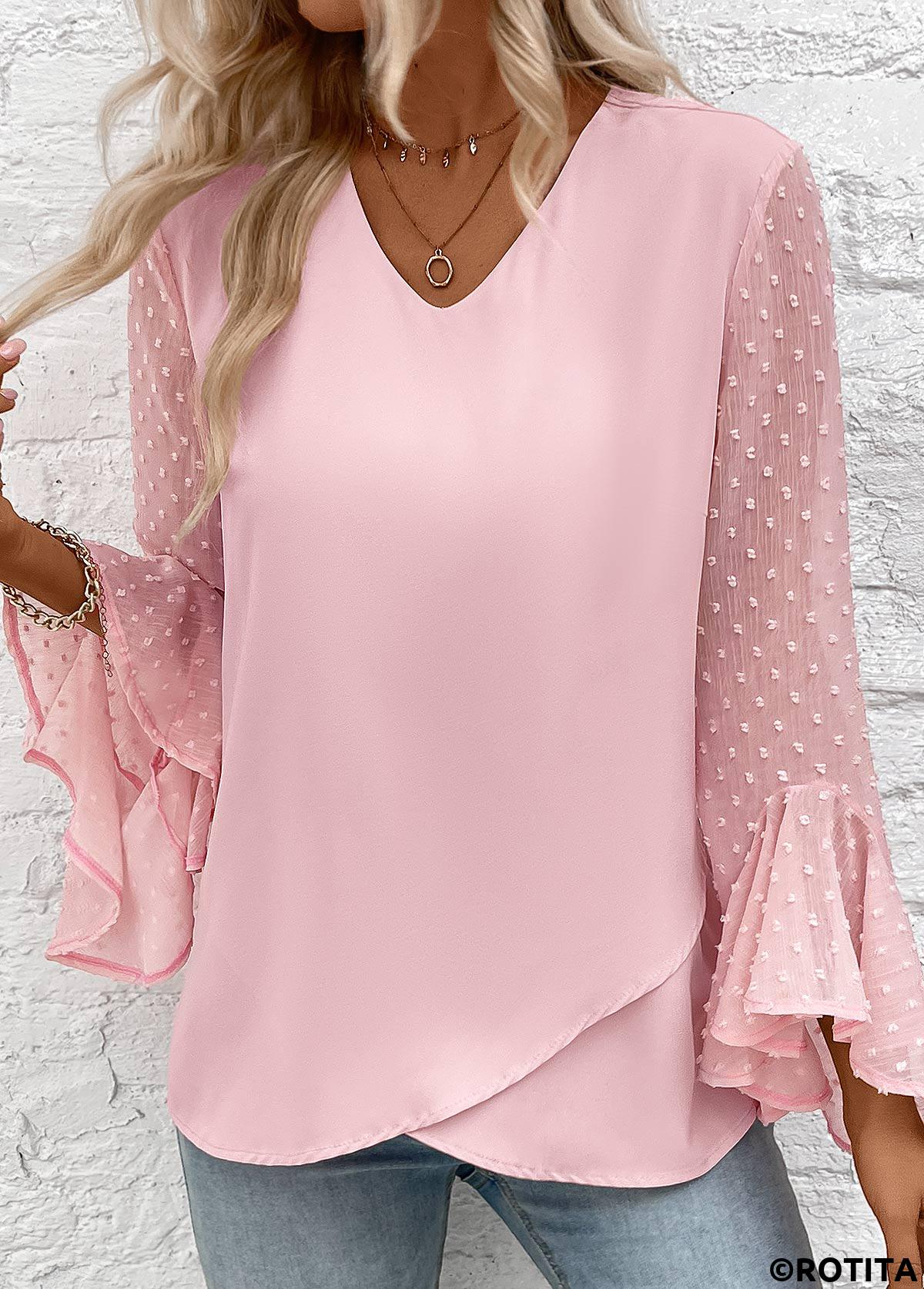 chemisier rotita patchwork rose clair col v manches longues