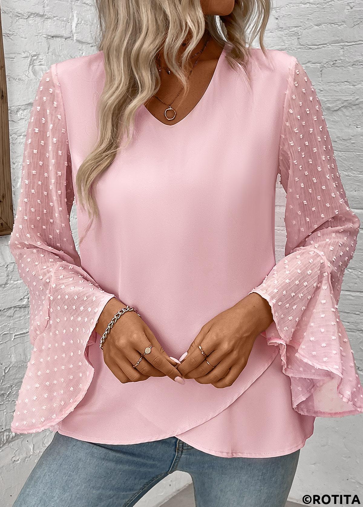 chemisier rotita patchwork rose clair col v manches longues