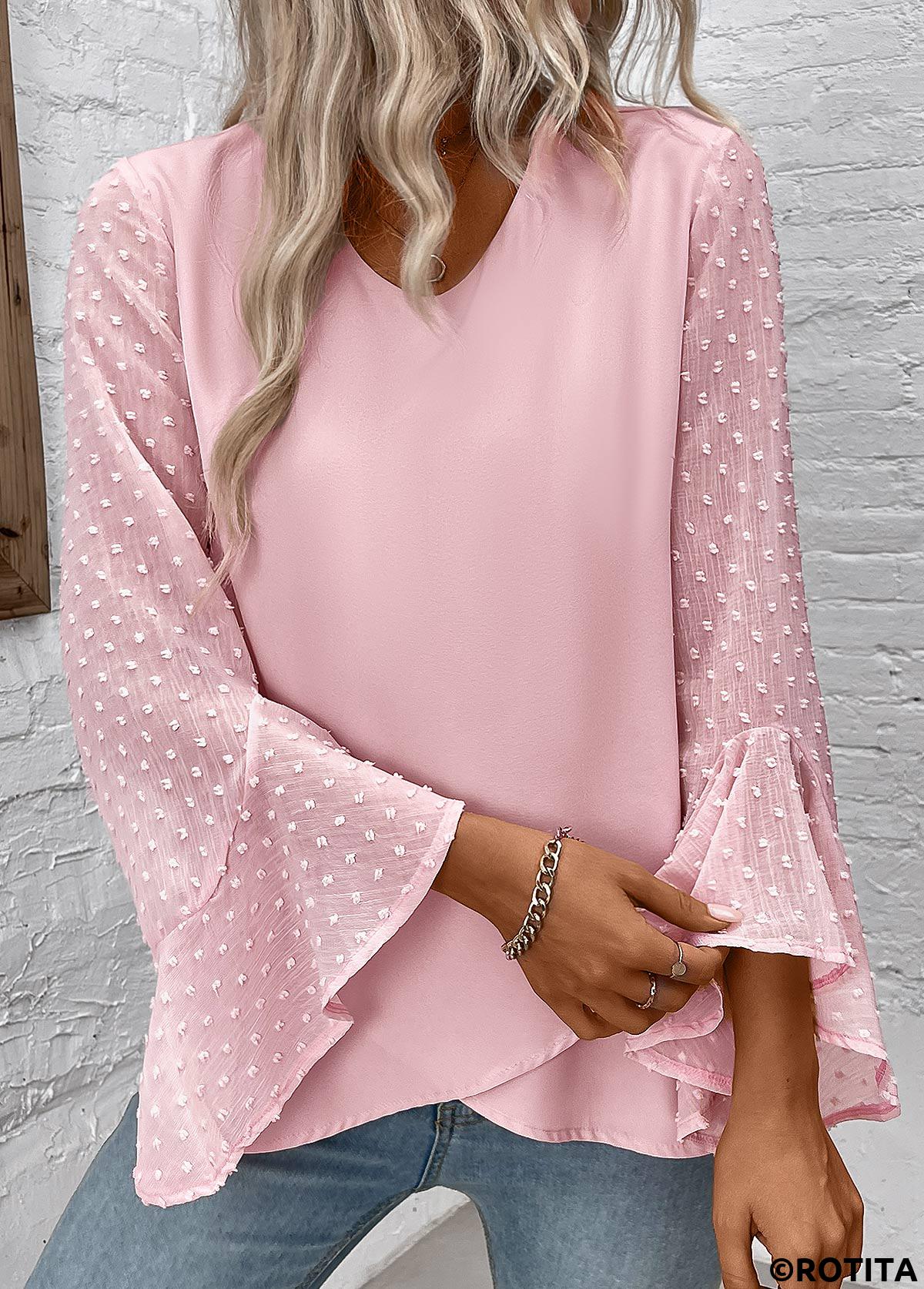 chemisier rotita patchwork rose clair col v manches longues