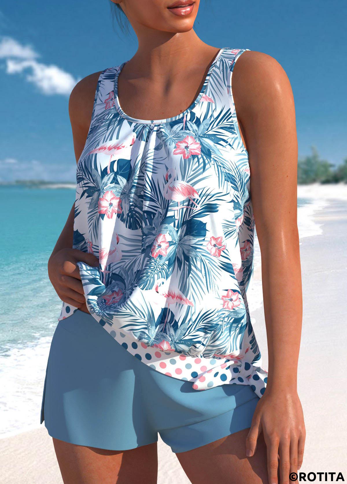 Dusty Blue swimwear,Floral swimwear,Plants swimwear,Dot swimwear,ROTITA Patchwork Dusty Blue Floral Print Tankini Set