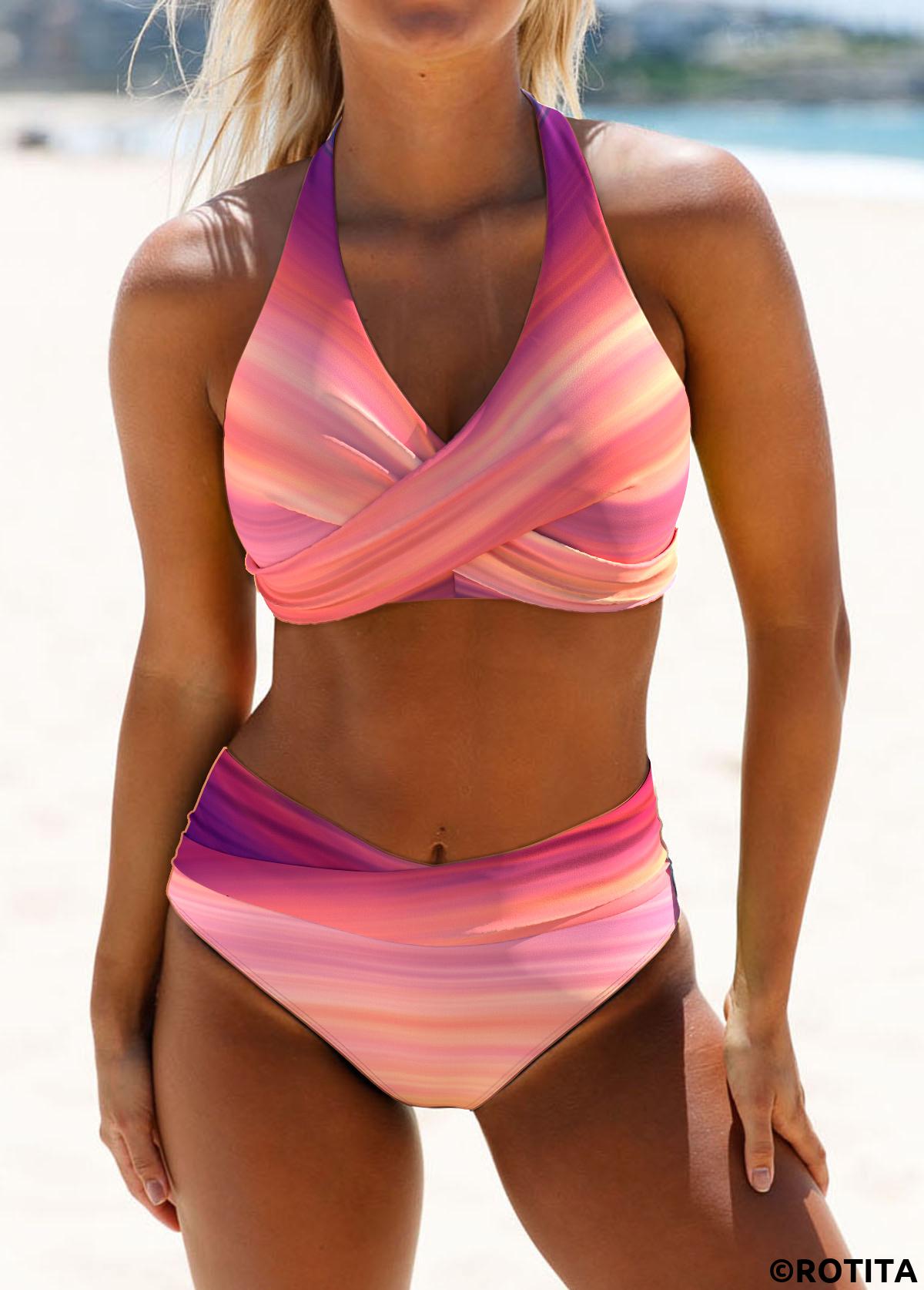 Pink swimwear,Ombre swimwear,ROTITA Criss Cross Pink Ombre Bikini Set