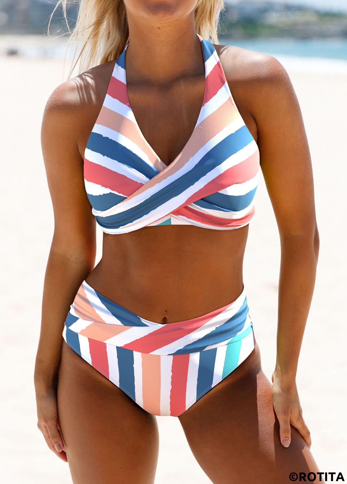 Multi Color swimwear,Rainbow Color swimwear,Striped swimwear,Geometric swimwear,ROTITA Criss Cross Multi Color Striped Bikini Set
