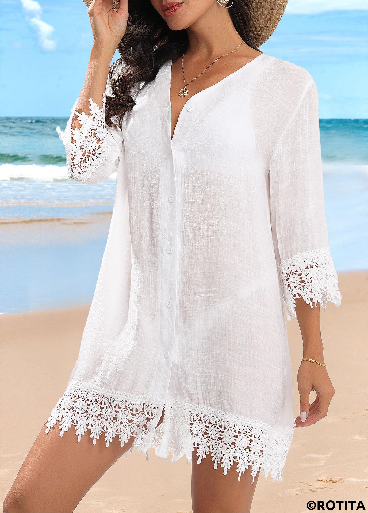 White swimwear,Plain Color swimwear,Button Up White Patchwork Cover Up