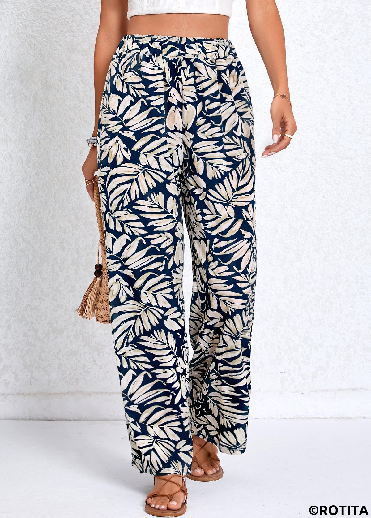 Lightweight Leaf Print Navy Elastic Waist High Waisted Pants