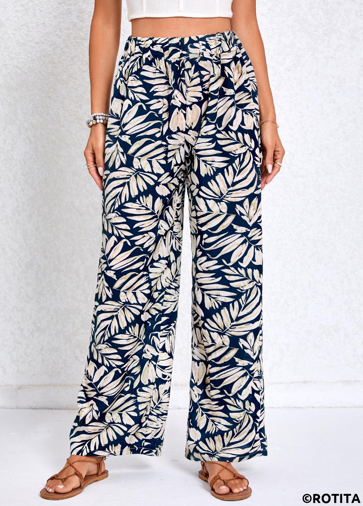 Lightweight Leaf Print Navy Elastic Waist High Waisted Pants