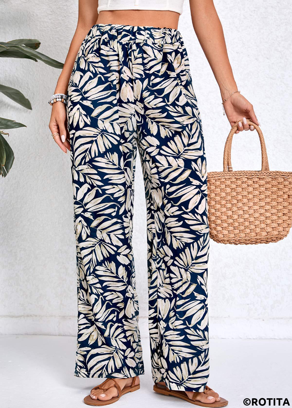 Lightweight Leaf Print Navy Elastic Waist High Waisted Pants