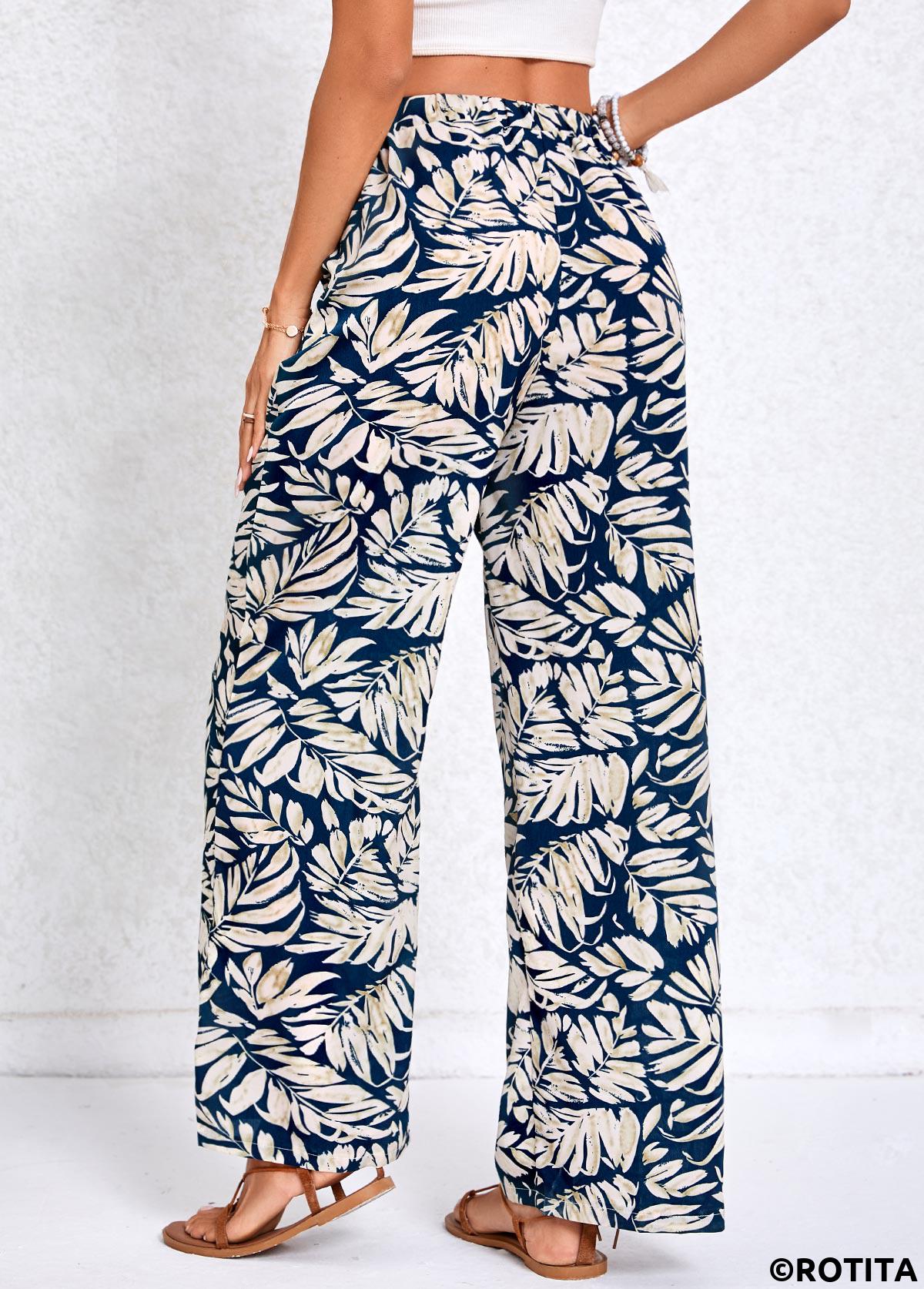 Lightweight Leaf Print Navy Elastic Waist High Waisted Pants