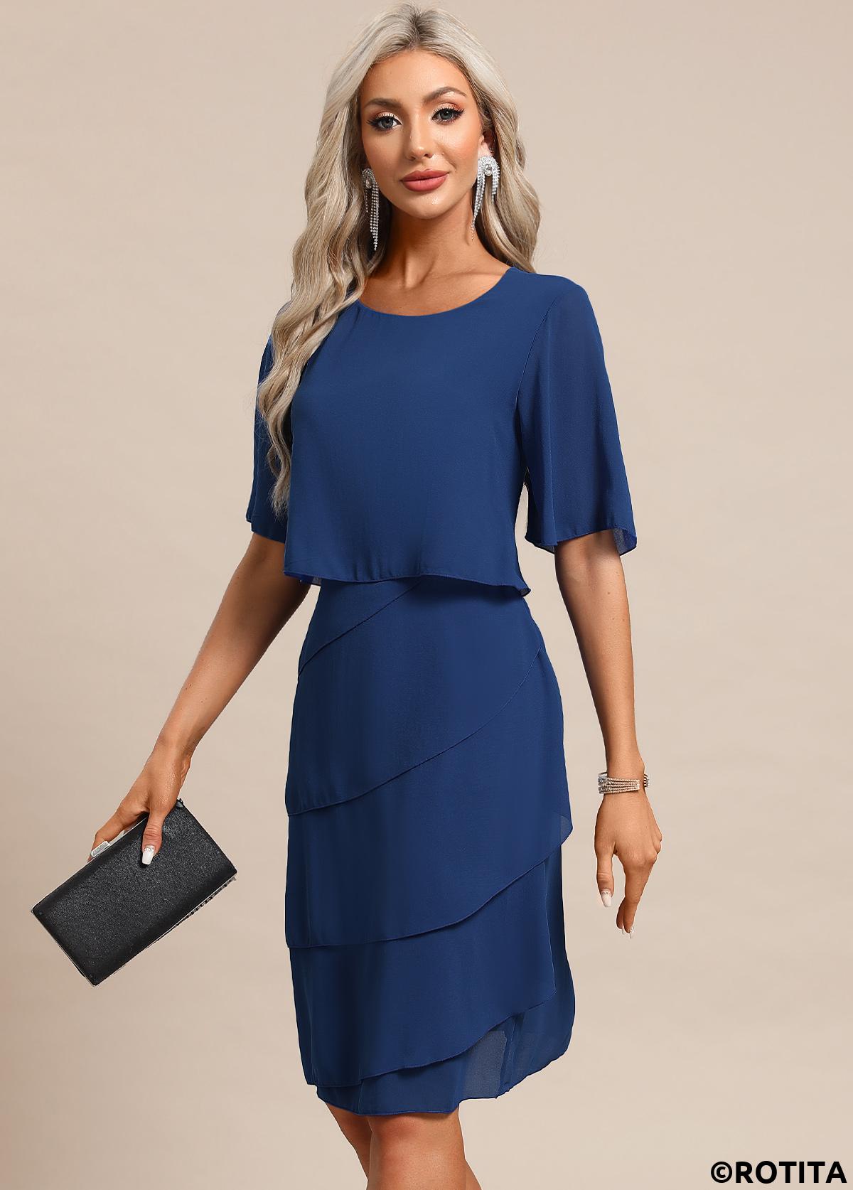 Blue dresses,Plain Color dresses,Party dresses,Elegant dresses,ROTITA Breathable Blue Scoop Neck Half Sleeve Shift Dress