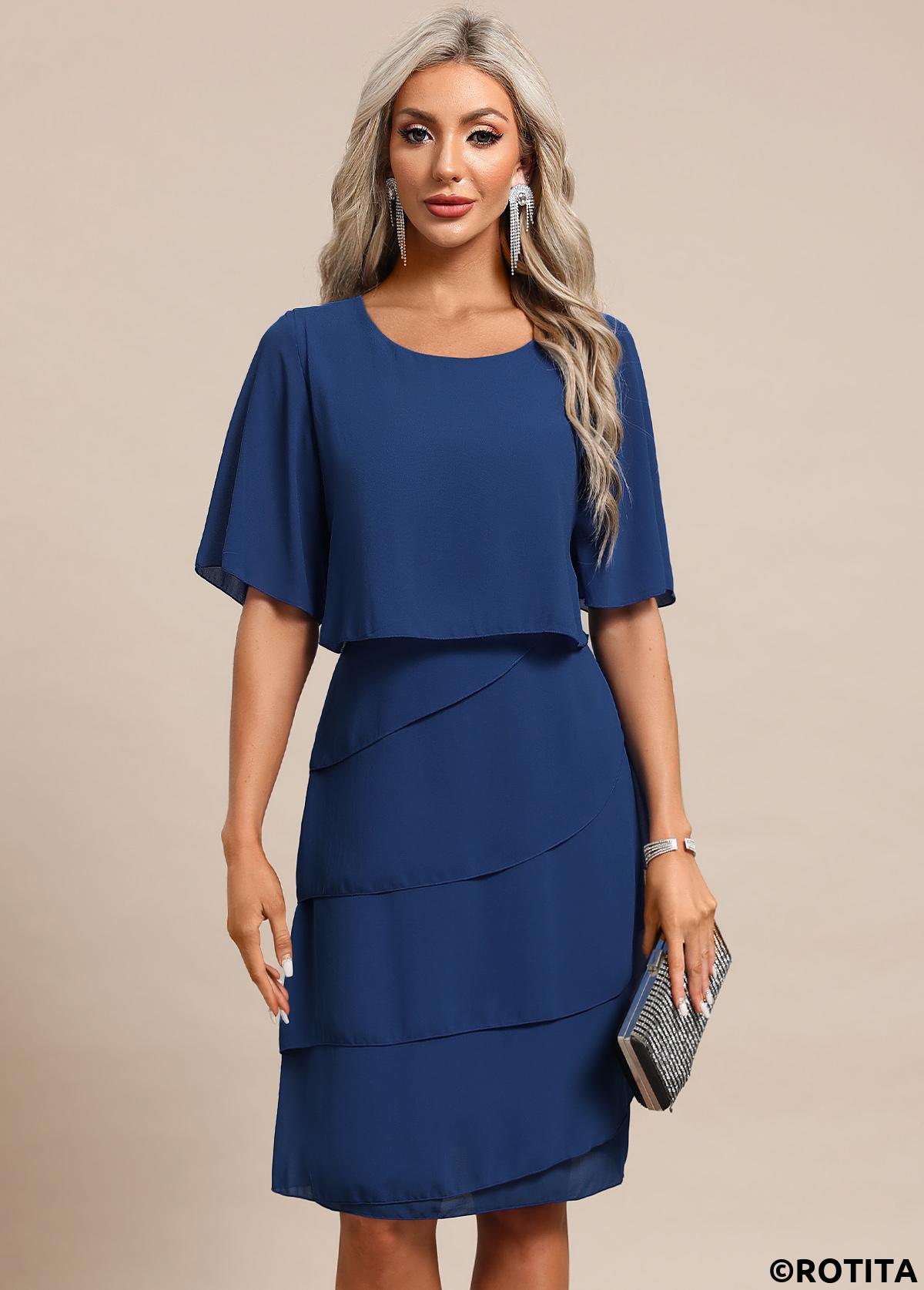 Blue dresses,Plain Color dresses,Party dresses,Elegant dresses,ROTITA Breathable Blue Scoop Neck Half Sleeve Shift Dress