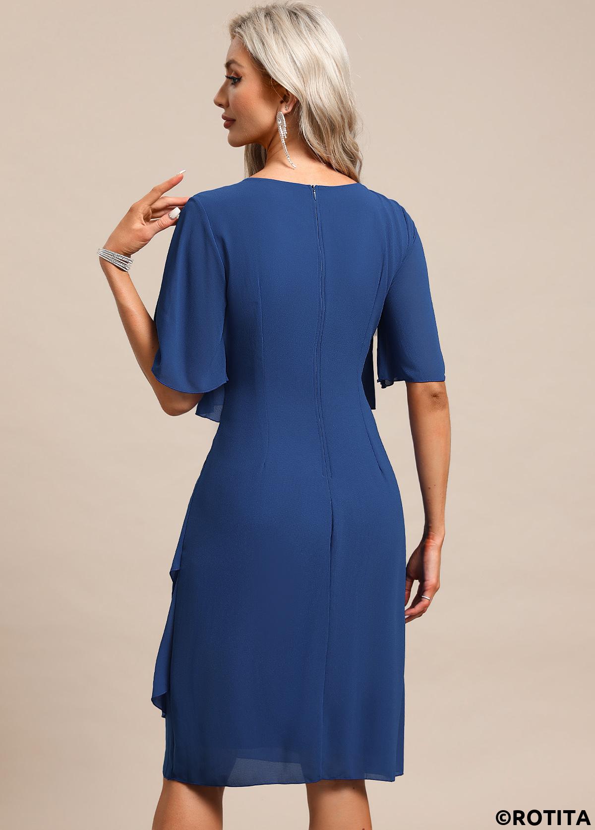 Blue dresses,Plain Color dresses,Party dresses,Elegant dresses,ROTITA Breathable Blue Scoop Neck Half Sleeve Shift Dress