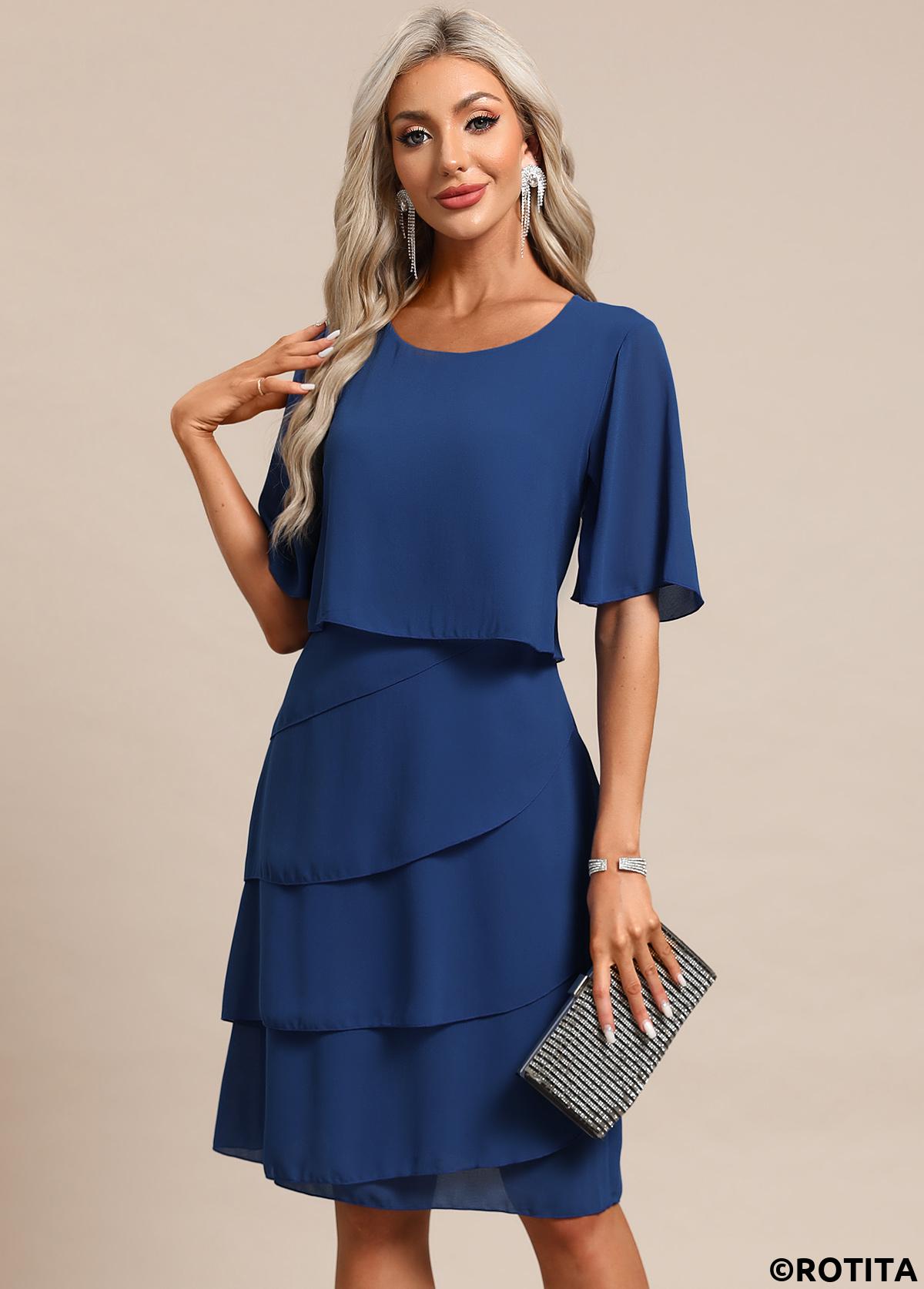 Blue dresses,Plain Color dresses,Party dresses,Elegant dresses,ROTITA Breathable Blue Scoop Neck Half Sleeve Shift Dress