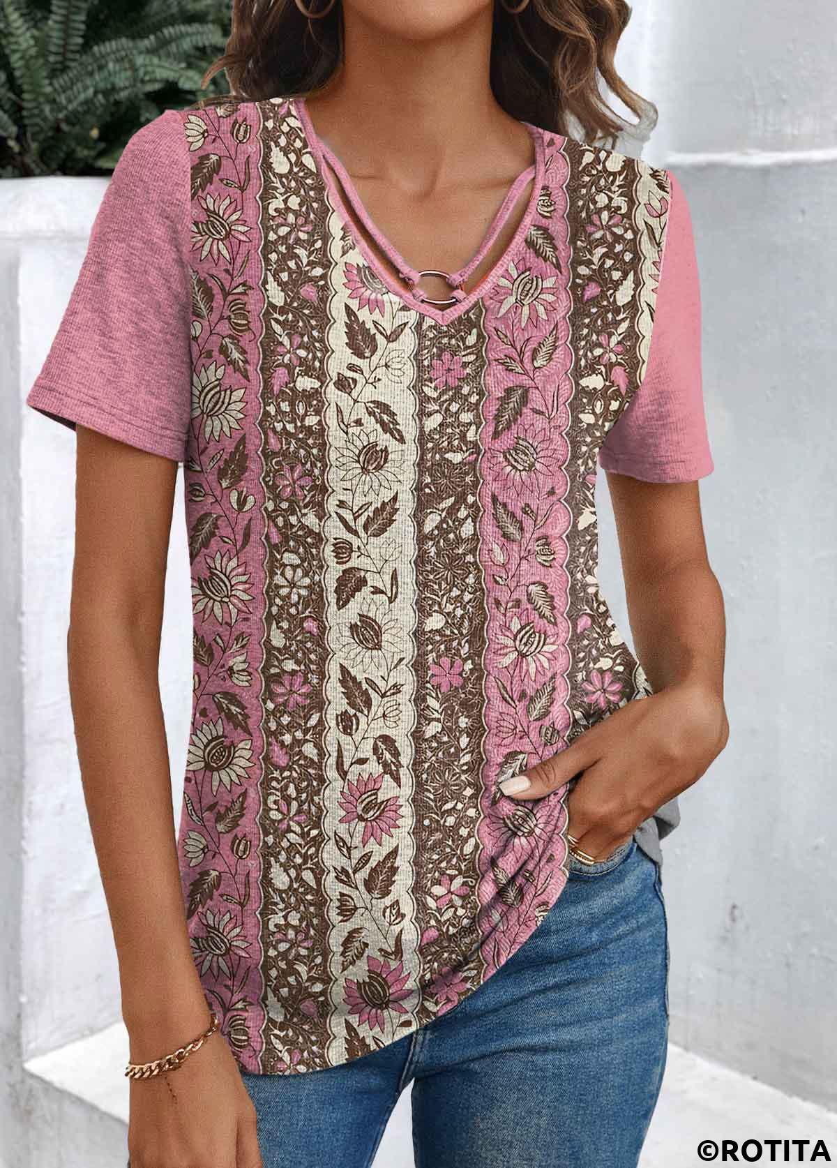 Pink tops,Floral tops,Plants tops,Tribal tops,ROTITA Patchwork Floral Print Pink V Neck T Shirt